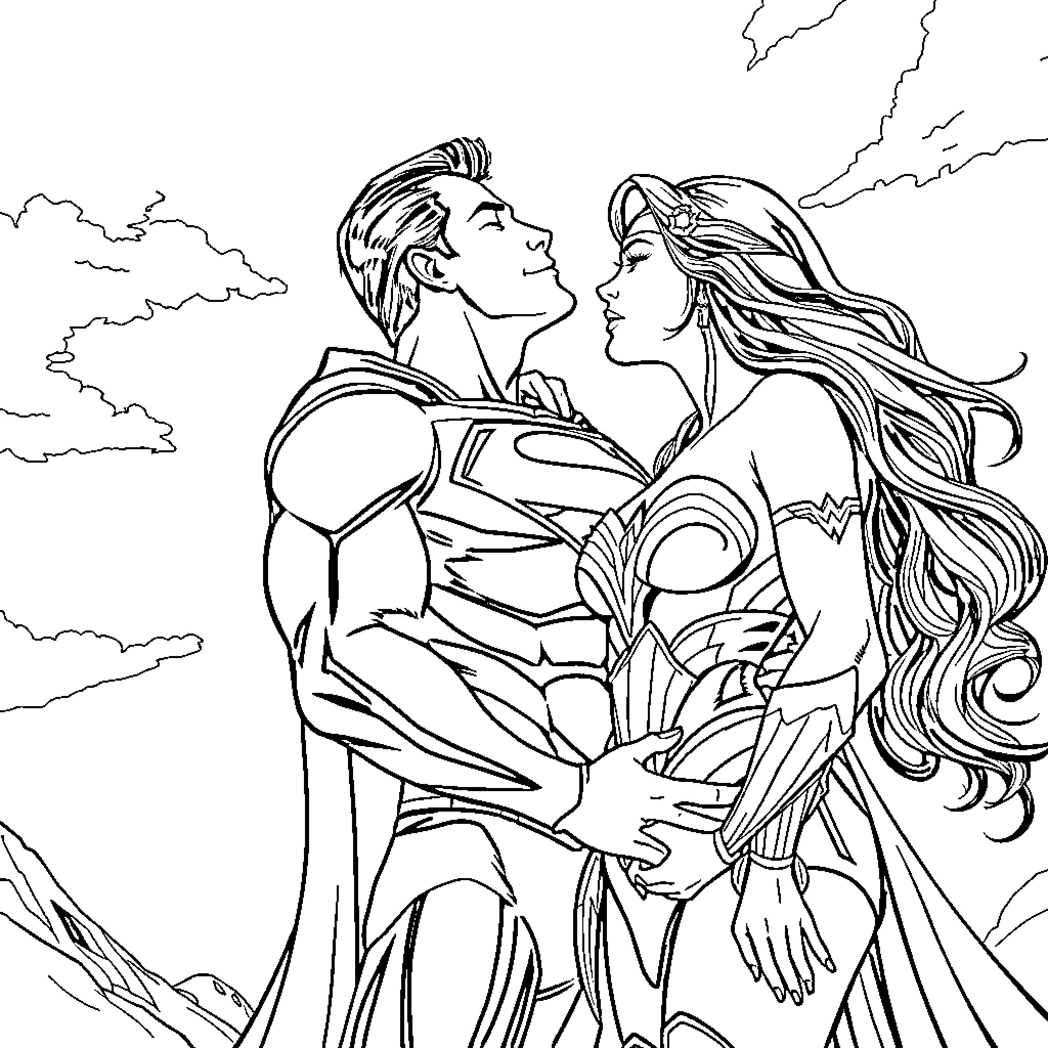 Superman and Wonder Woman in an intimate embrace Coloring Page (free black-and-white line drawing printable PDF for all, from beginners to advanced learners, including children, teens, adults, and seniors)