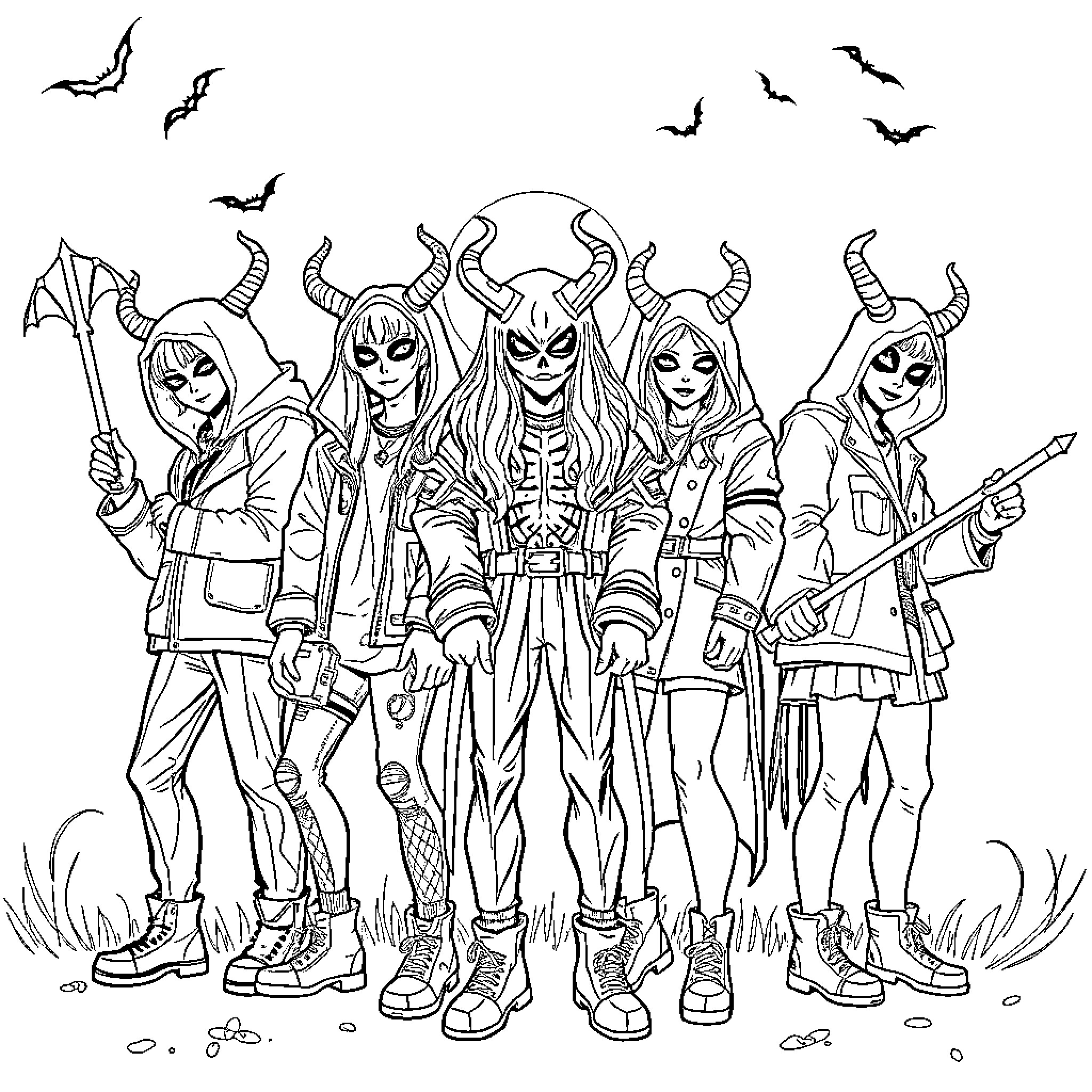 Demon Hunter Squad in Battle Gear Coloring Page (free black-and-white line drawing printable PDF for all, from beginners to advanced learners, including children, teens, adults, and seniors)