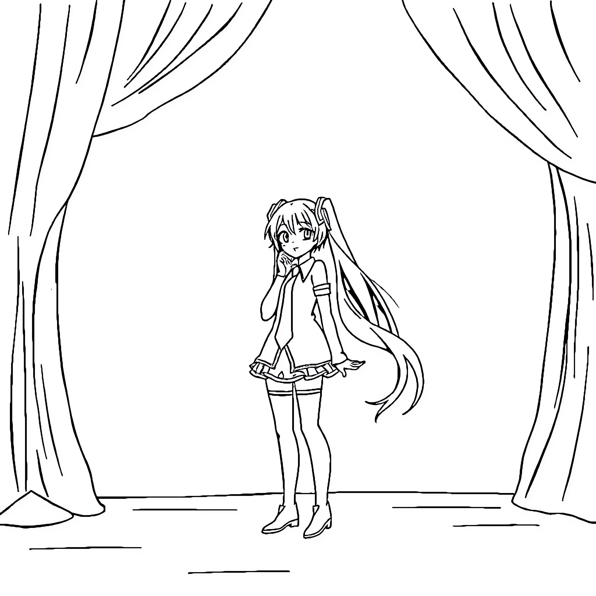 Miku performing on stage Coloring Page (free black-and-white line drawing printable PDF for all, from beginners to advanced learners, including children, teens, adults, and seniors)