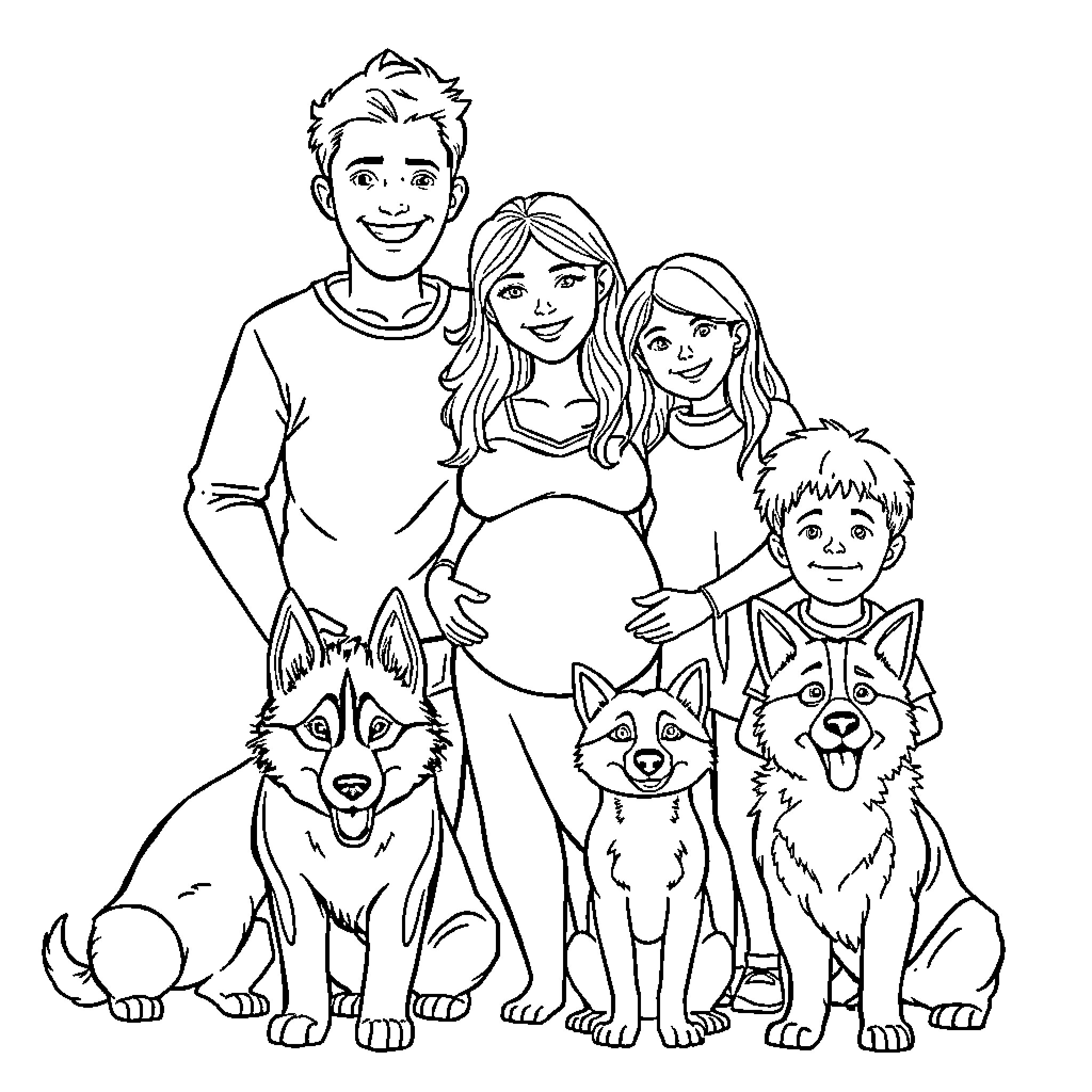 Family enjoying time with their pets Coloring Page (free black-and-white line drawing printable PDF for all, from beginners to advanced learners, including children, teens, adults, and seniors)