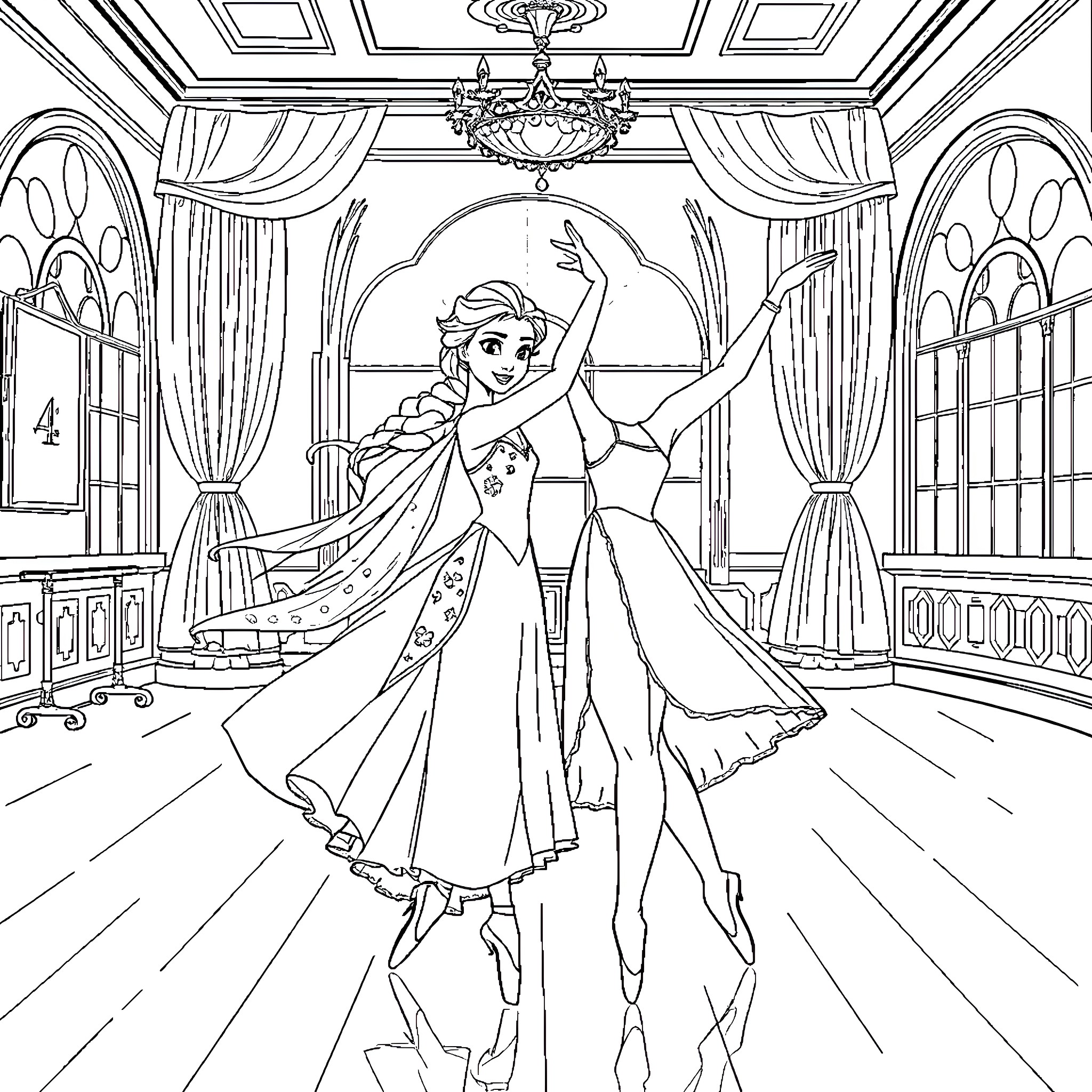 Elsa's Graceful Dance in Regal Palace Coloring Page (free black-and-white line drawing printable PDF for all, from beginners to advanced learners, including children, teens, adults, and seniors)