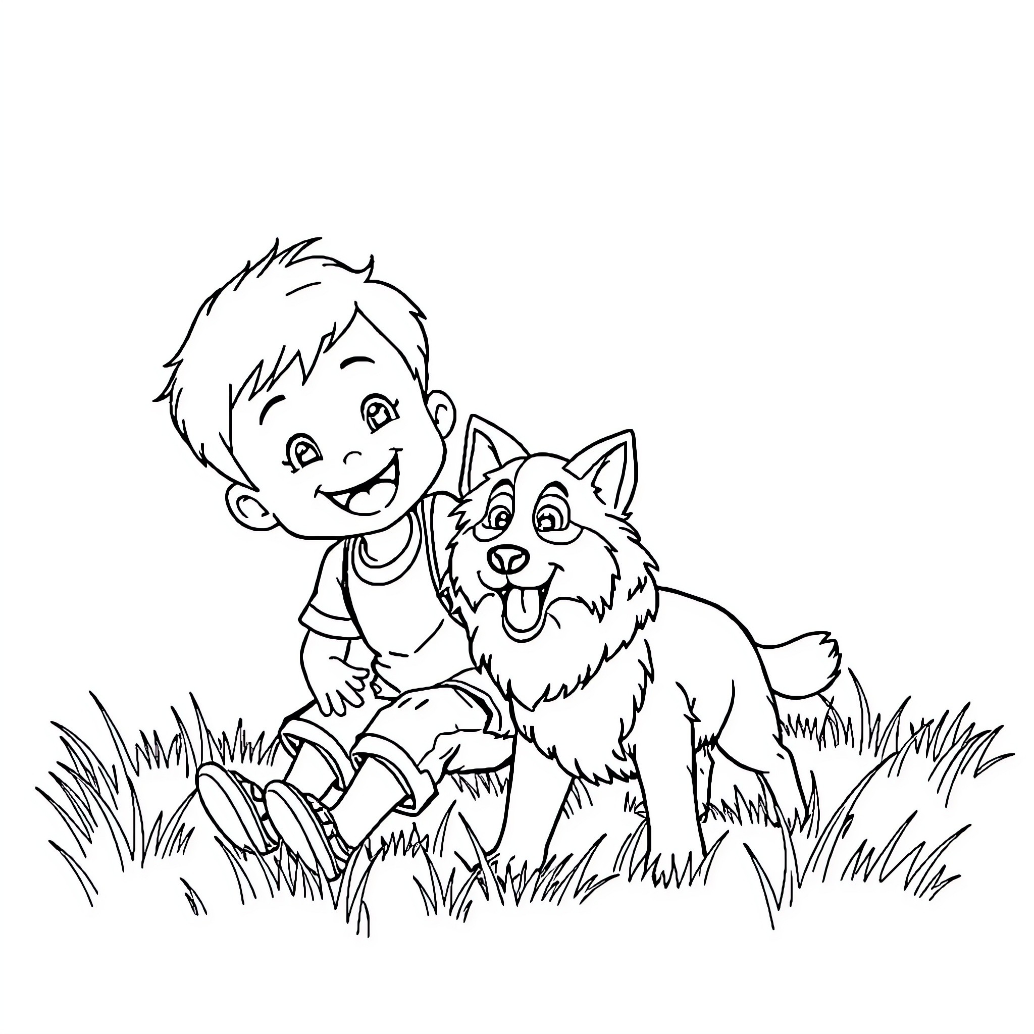 Boy playing joyfully with his loyal dog Coloring Page (free black-and-white line drawing printable PDF for all, from beginners to advanced learners, including children, teens, adults, and seniors)