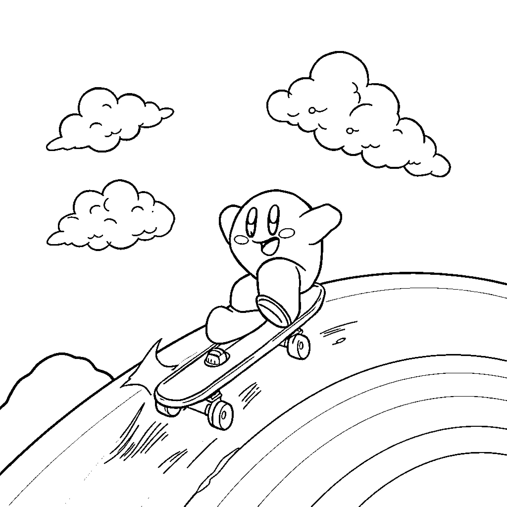 Kirby riding a skateboard on a colorful landscape Coloring Page (free black-and-white line drawing printable PDF for all, from beginners to advanced learners, including children, teens, adults, and seniors)