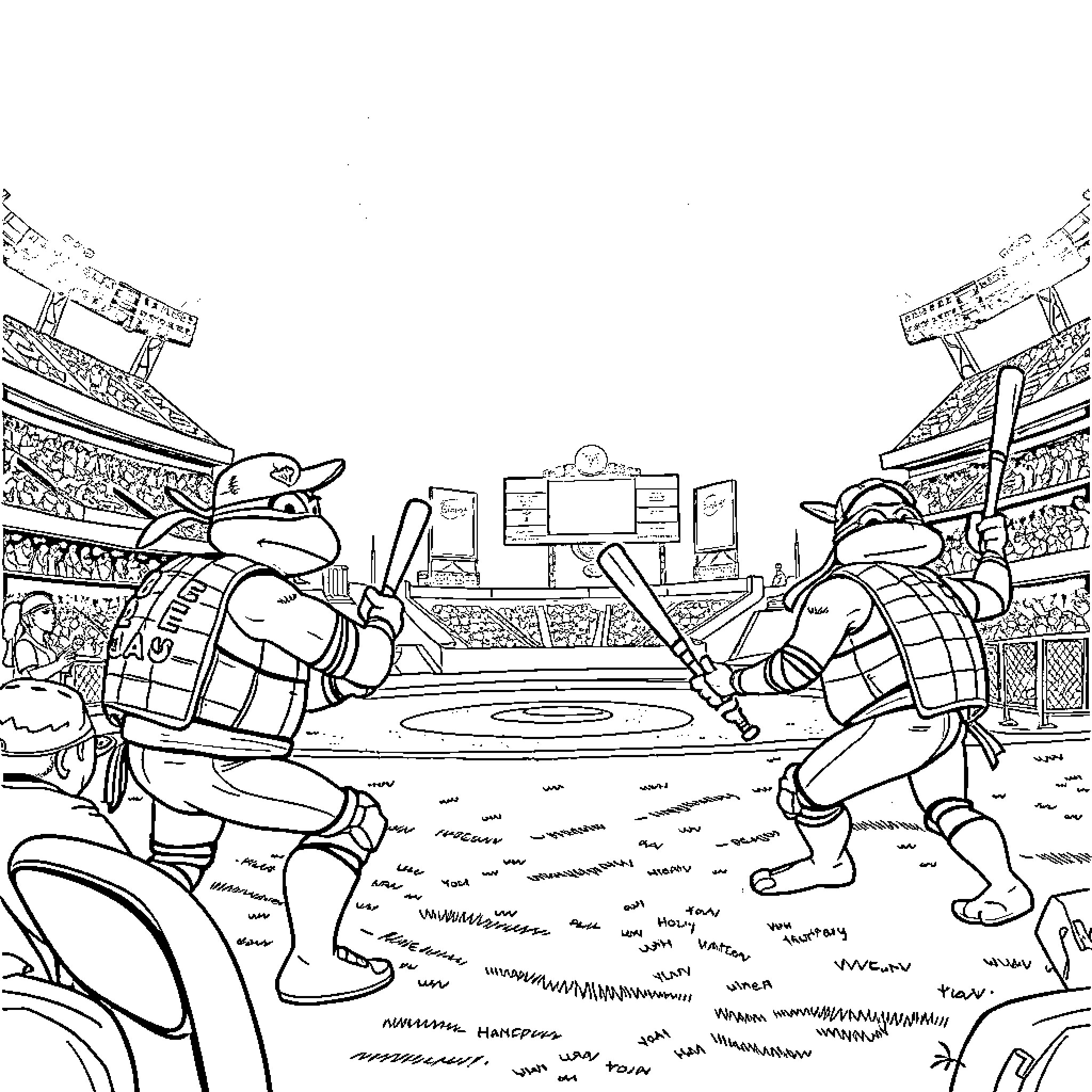 Teenage Mutant Ninja Turtles in an intense wrestling match Coloring Page (free black-and-white line drawing printable PDF for all, from beginners to advanced learners, including children, teens, adults, and seniors)