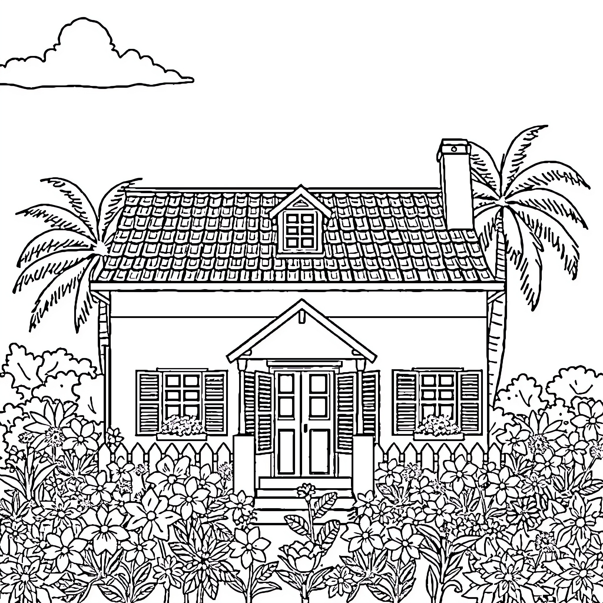 Chattel House amidst lush tropical foliage Coloring Page (free black-and-white line drawing printable PDF for all, from beginners to advanced learners, including children, teens, adults, and seniors)