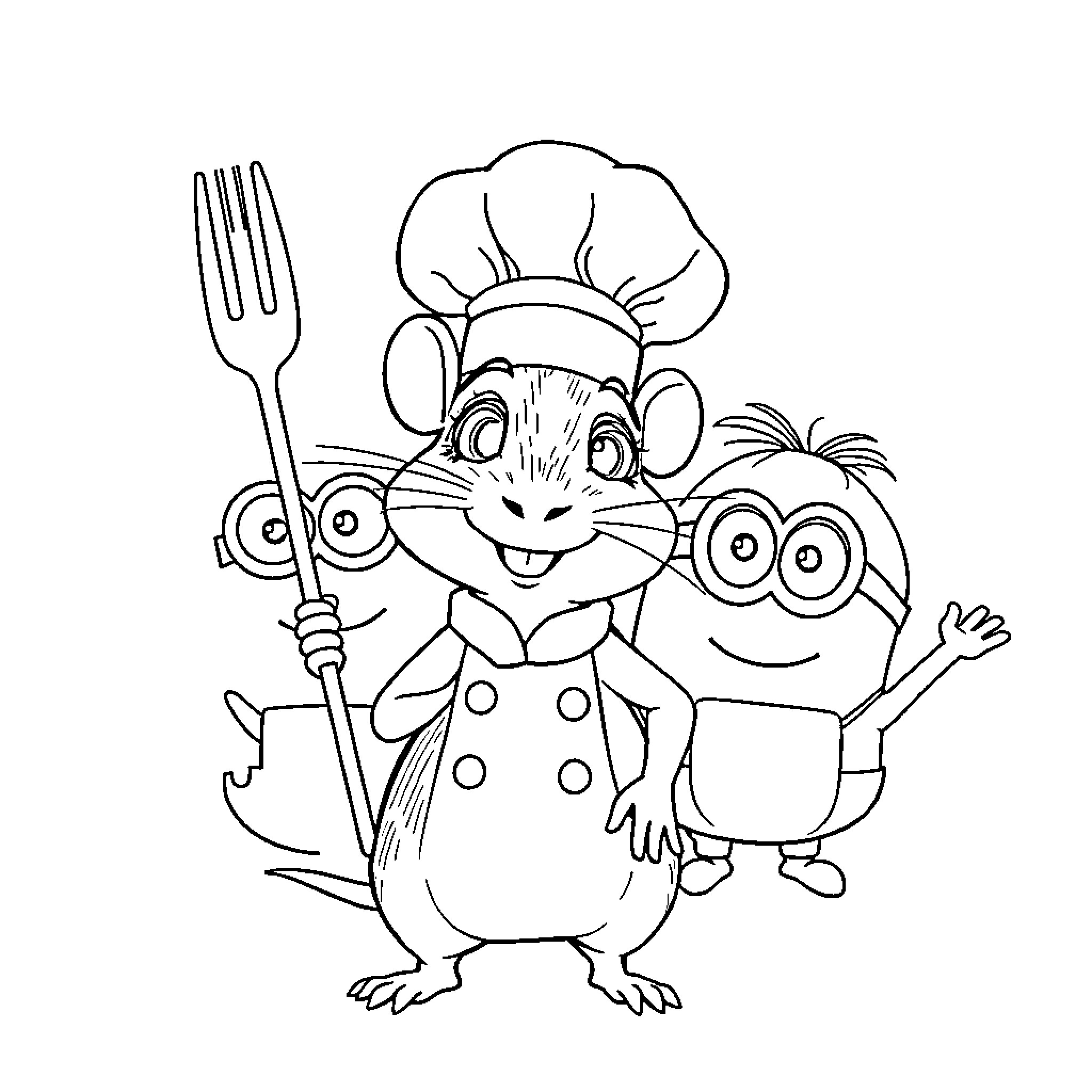 Ratatouille characters in kitchen setting Coloring Page (free black-and-white line drawing printable PDF for all, from beginners to advanced learners, including children, teens, adults, and seniors)