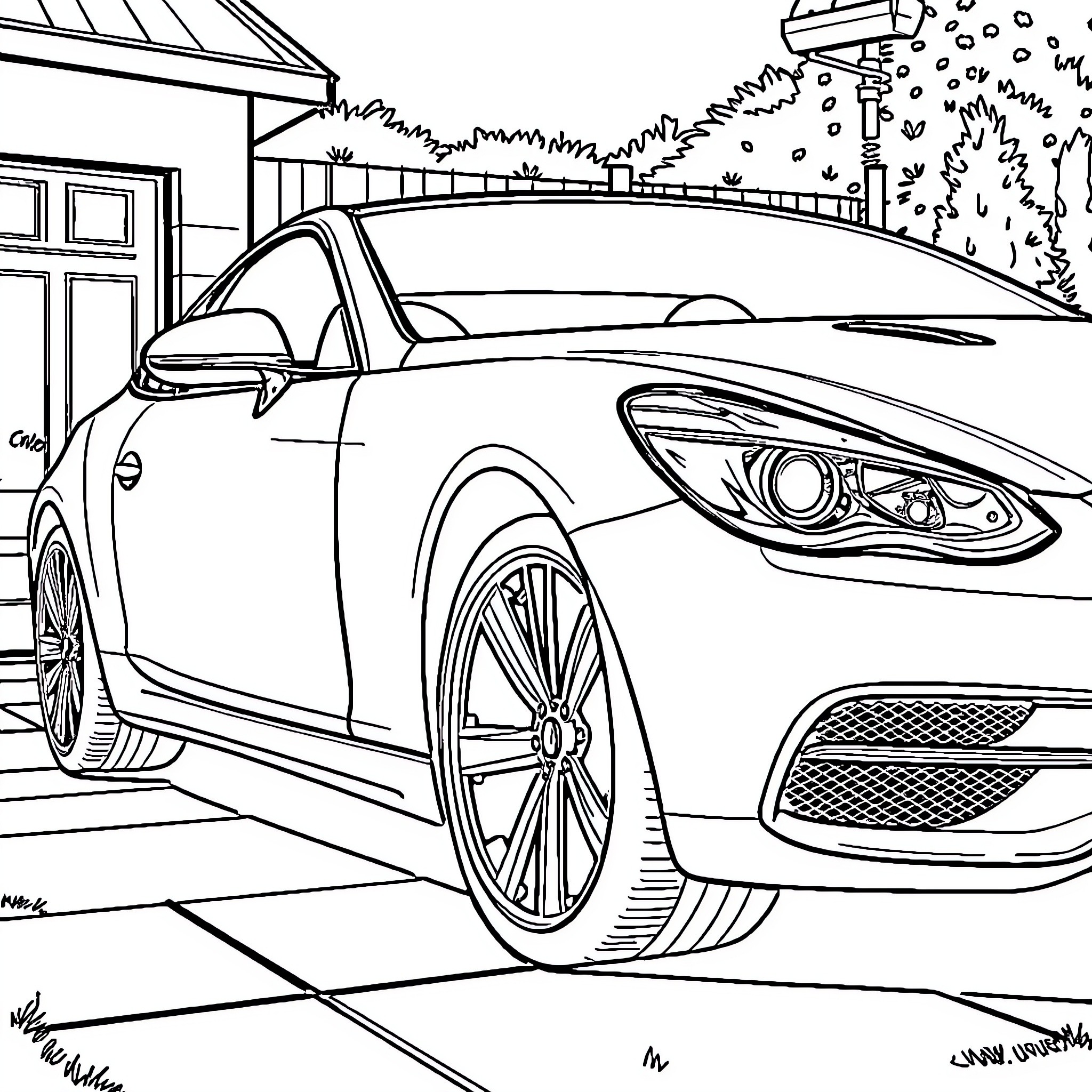 Car parked in front of a house Coloring Page (free black-and-white line drawing printable PDF for all, from beginners to advanced learners, including children, teens, adults, and seniors)