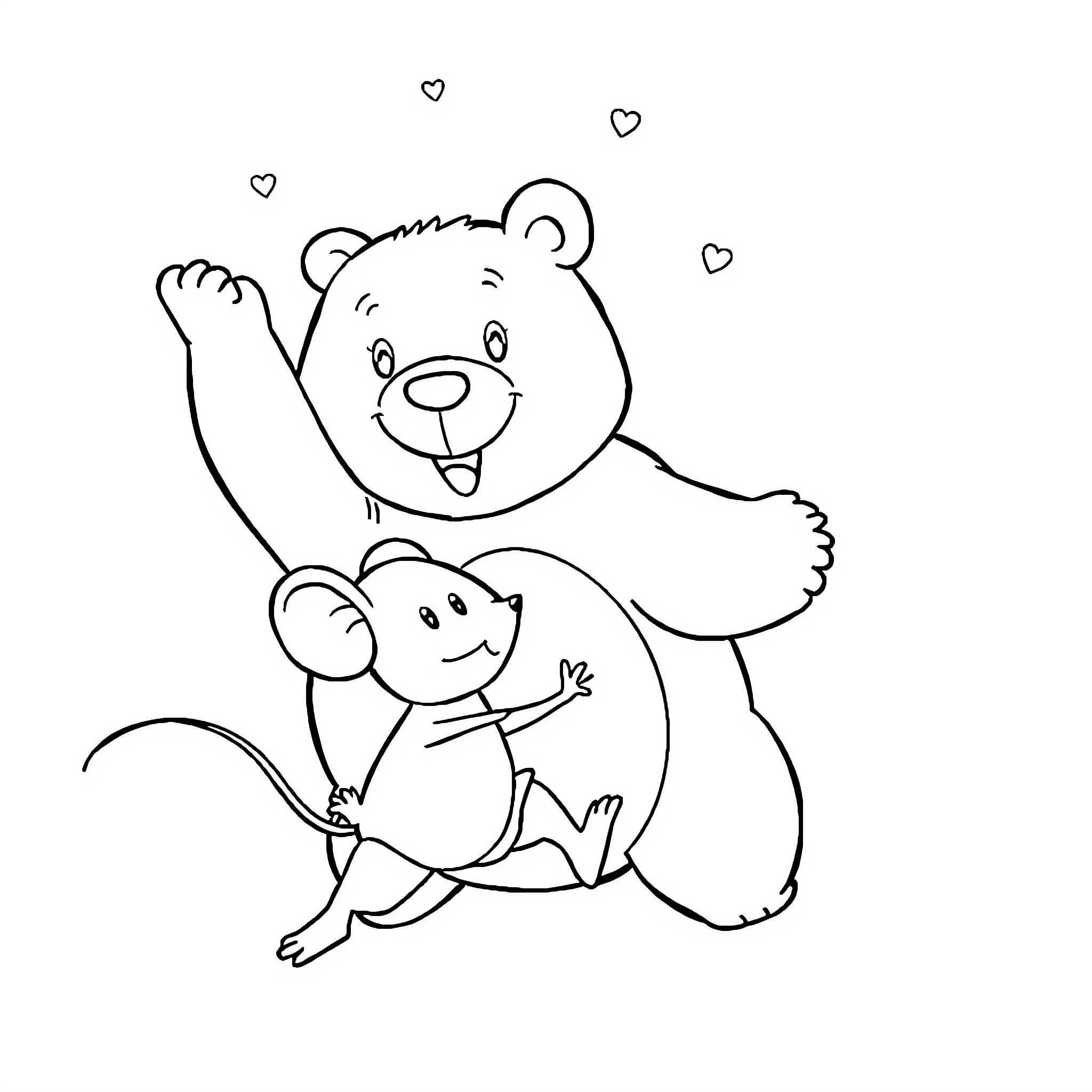 Mouse hugging a stuffed bear with hearts Coloring Page (free black-and-white line drawing printable PDF for all, from beginners to advanced learners, including children, teens, adults, and seniors)