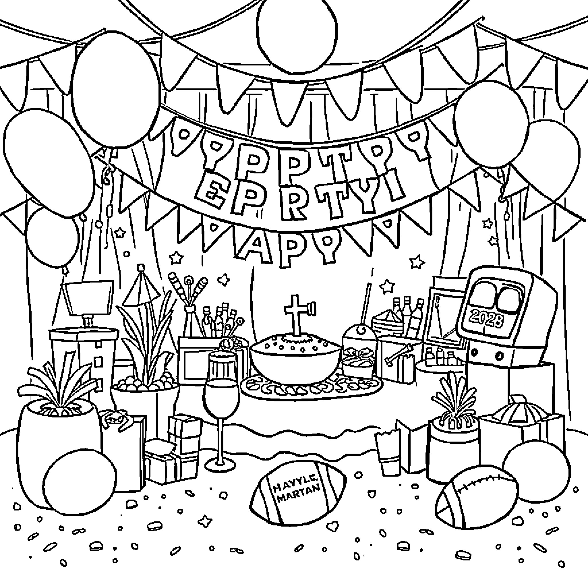 Super Bowl Party Scene with Decorations and Celebrations Coloring Page (free black-and-white line drawing printable PDF for all, from beginners to advanced learners, including children, teens, adults, and seniors)