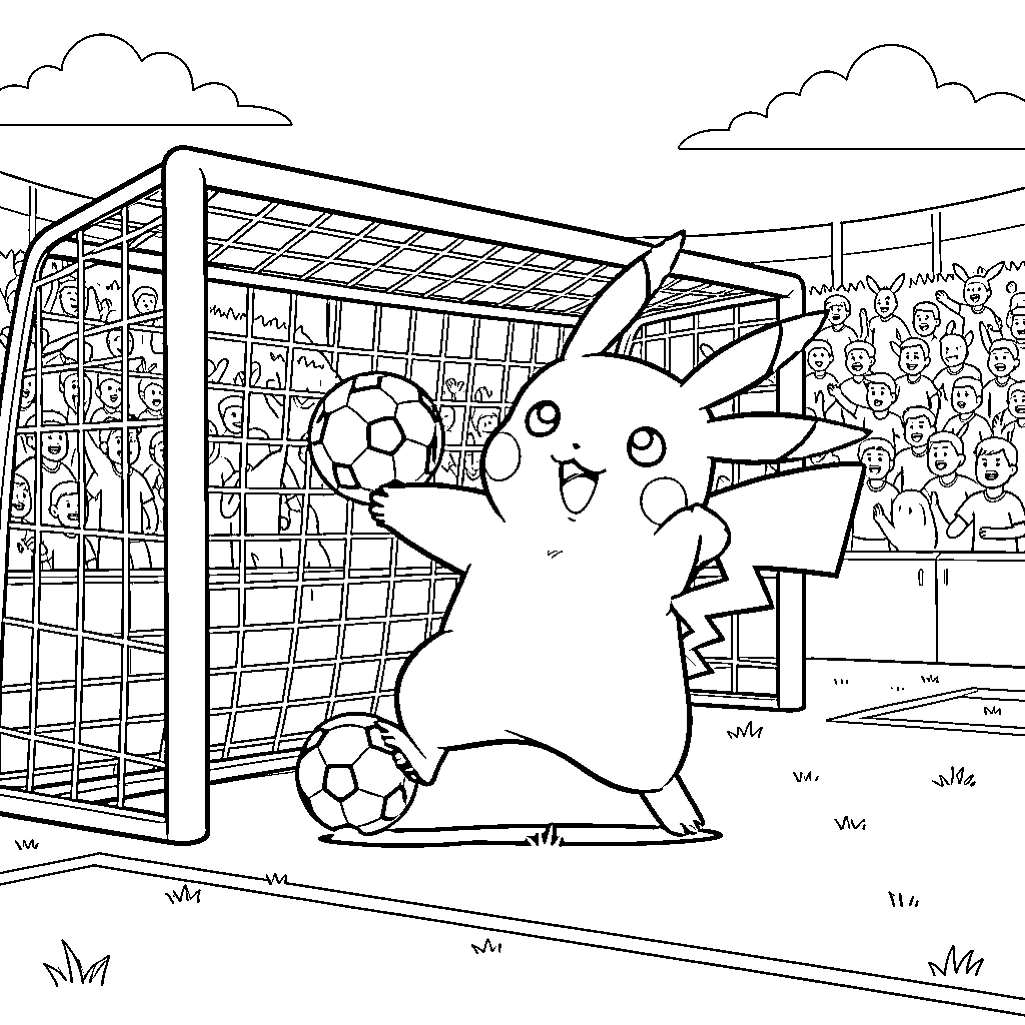 Pikachu playing soccer in front of a goal Coloring Page (free black-and-white line drawing printable PDF for all, from beginners to advanced learners, including children, teens, adults, and seniors)
