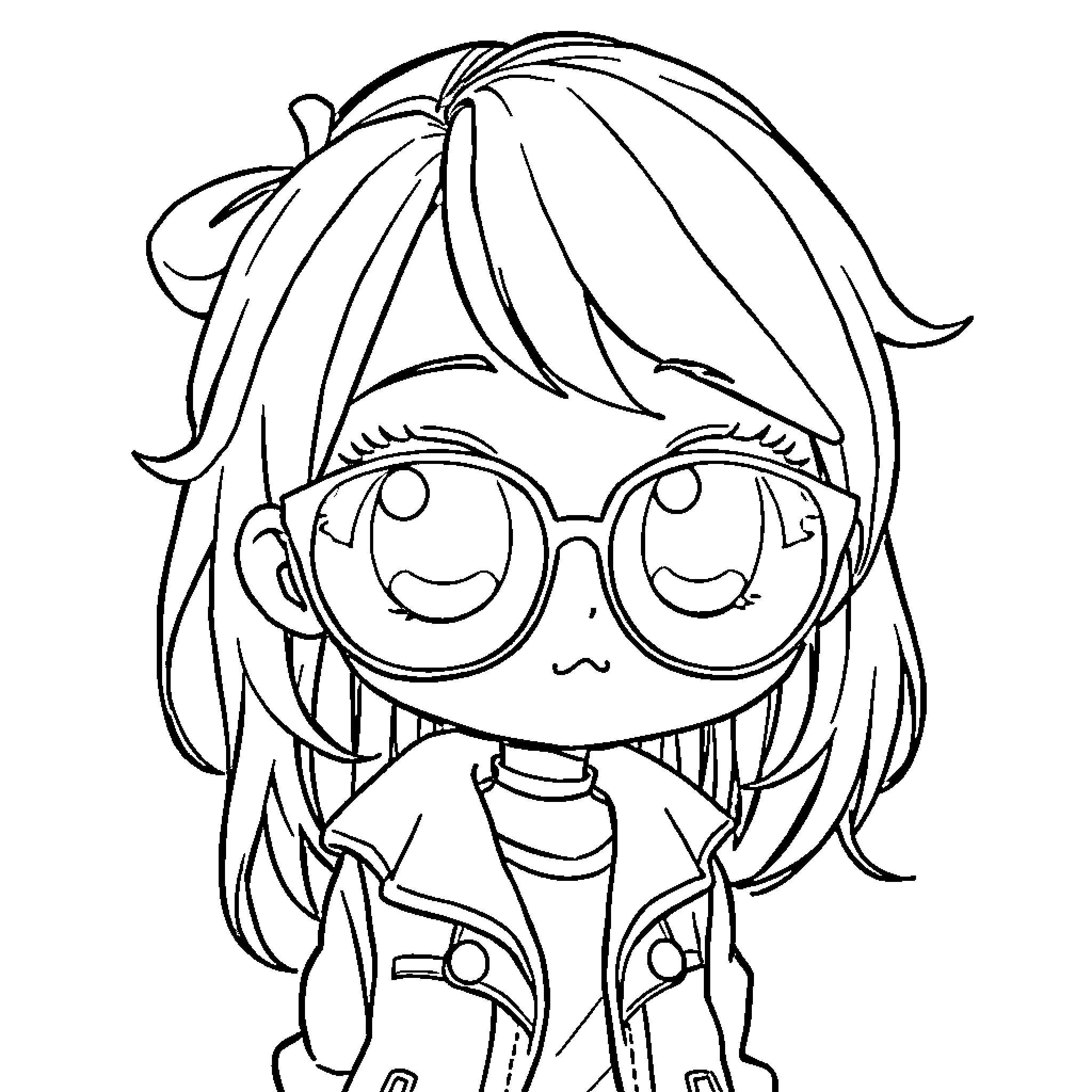 Anime Girl with Glasses Smiling Coloring Page (free black-and-white line drawing printable PDF for all, from beginners to advanced learners, including children, teens, adults, and seniors)