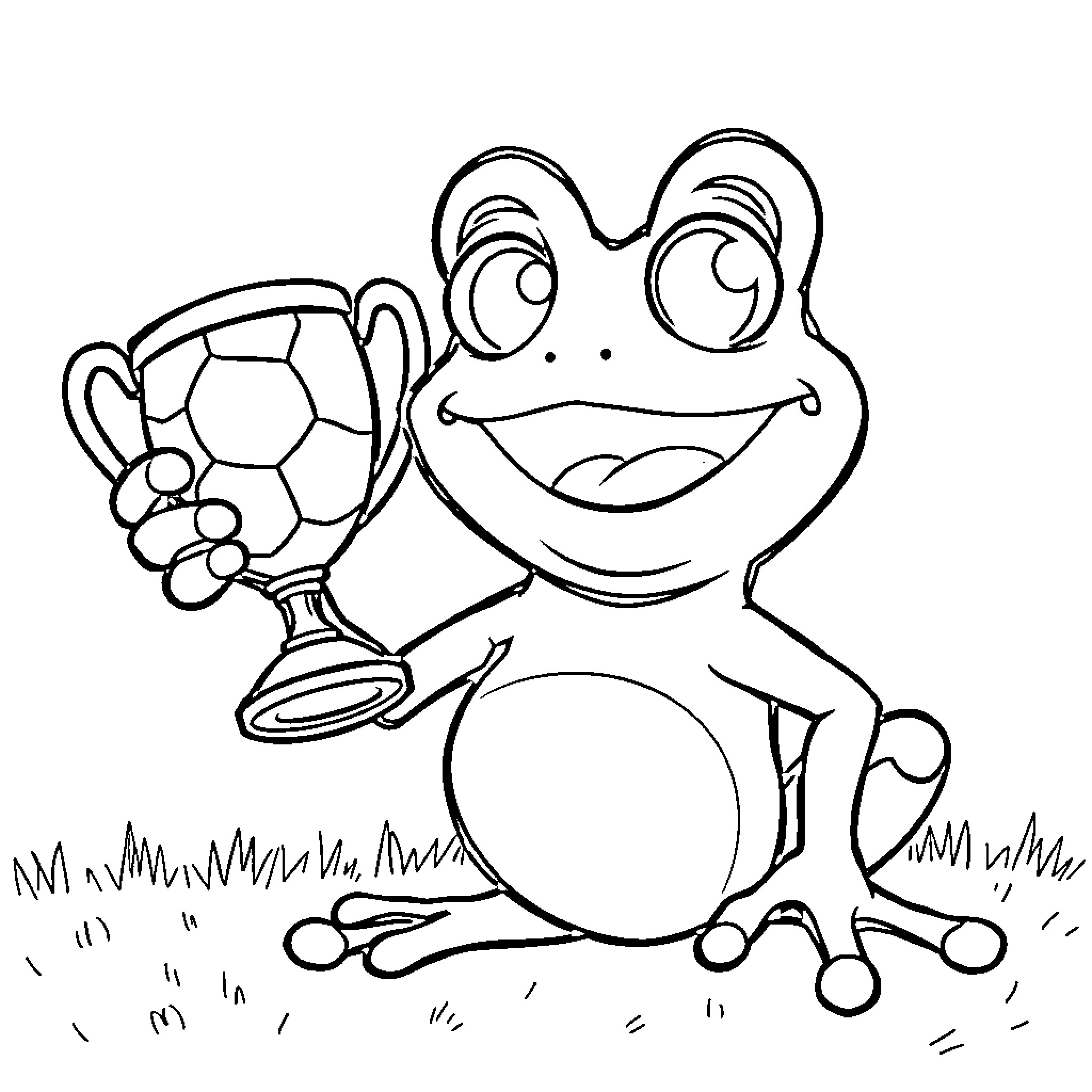 Crazy Frog winning a trophy on the field Coloring Page (free black-and-white line drawing printable PDF for all, from beginners to advanced learners, including children, teens, adults, and seniors)
