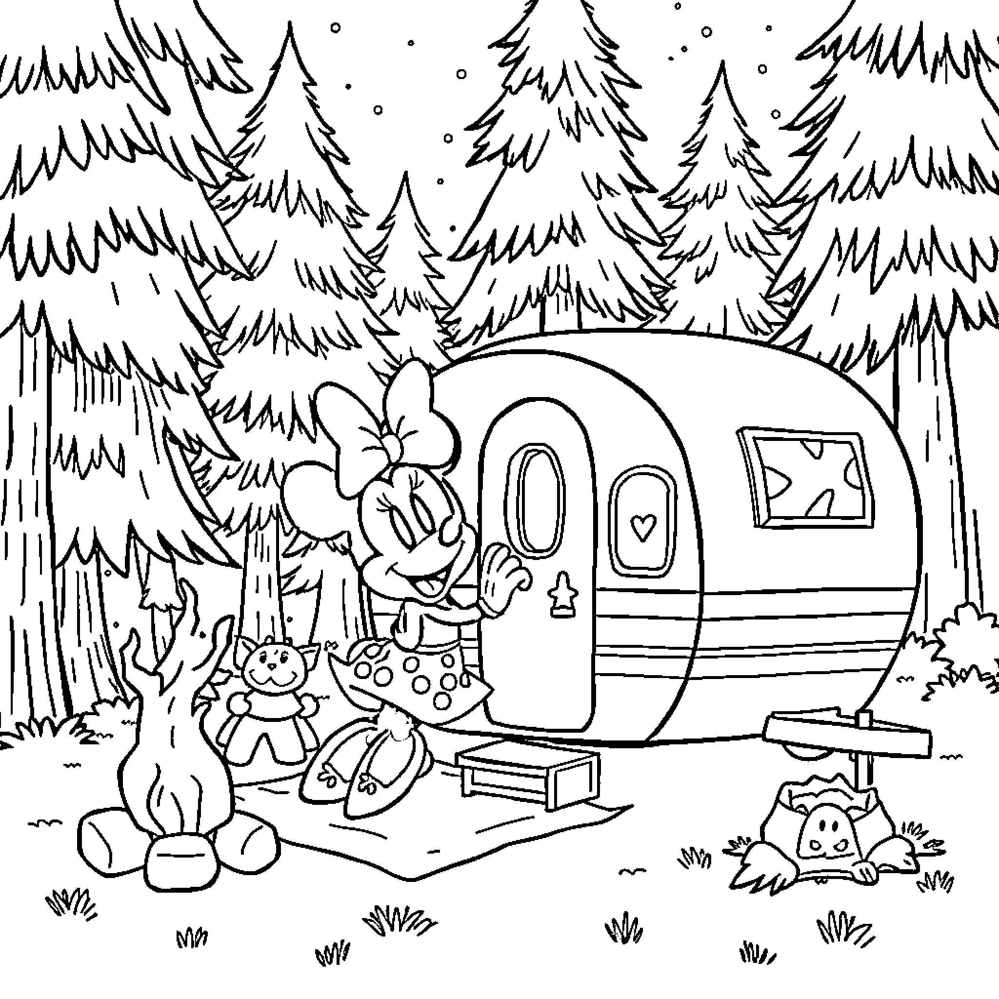 Minnie Mouse camping in the forest Coloring Page (free black-and-white line drawing printable PDF for all, from beginners to advanced learners, including children, teens, adults, and seniors)