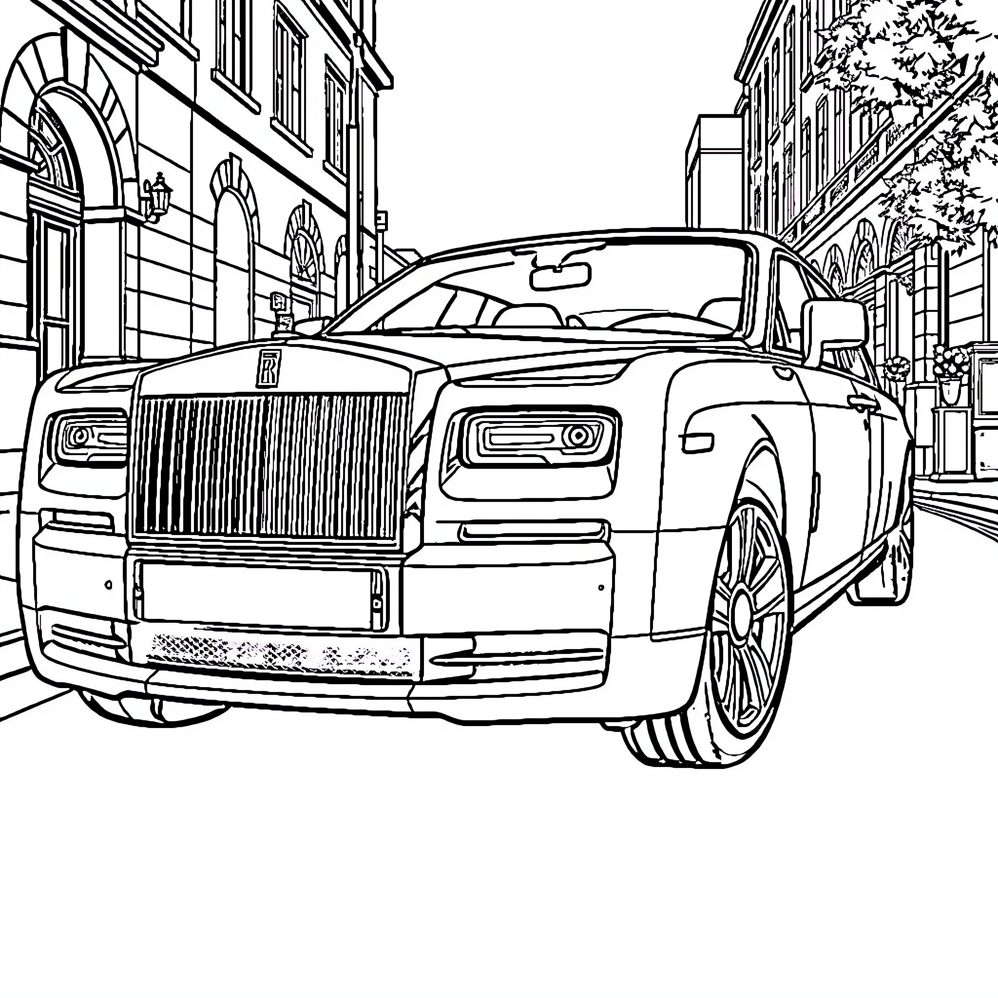 Rolls Royce luxury car on city street Coloring Page (free black-and-white line drawing printable PDF for all, from beginners to advanced learners, including children, teens, adults, and seniors)