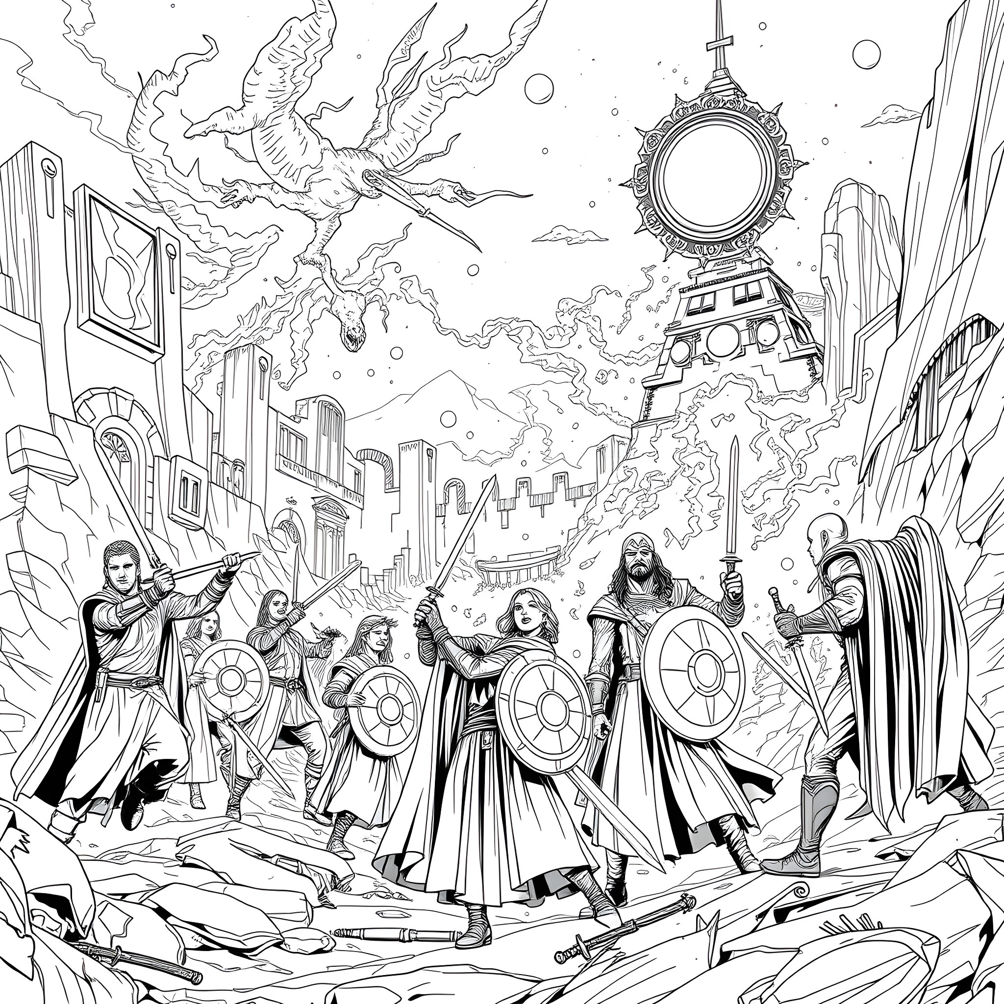 Fellowship of the Brave Defenders in an Epic Battle Coloring Page (free black-and-white line drawing printable PDF for all, from beginners to advanced learners, including children, teens, adults, and seniors)