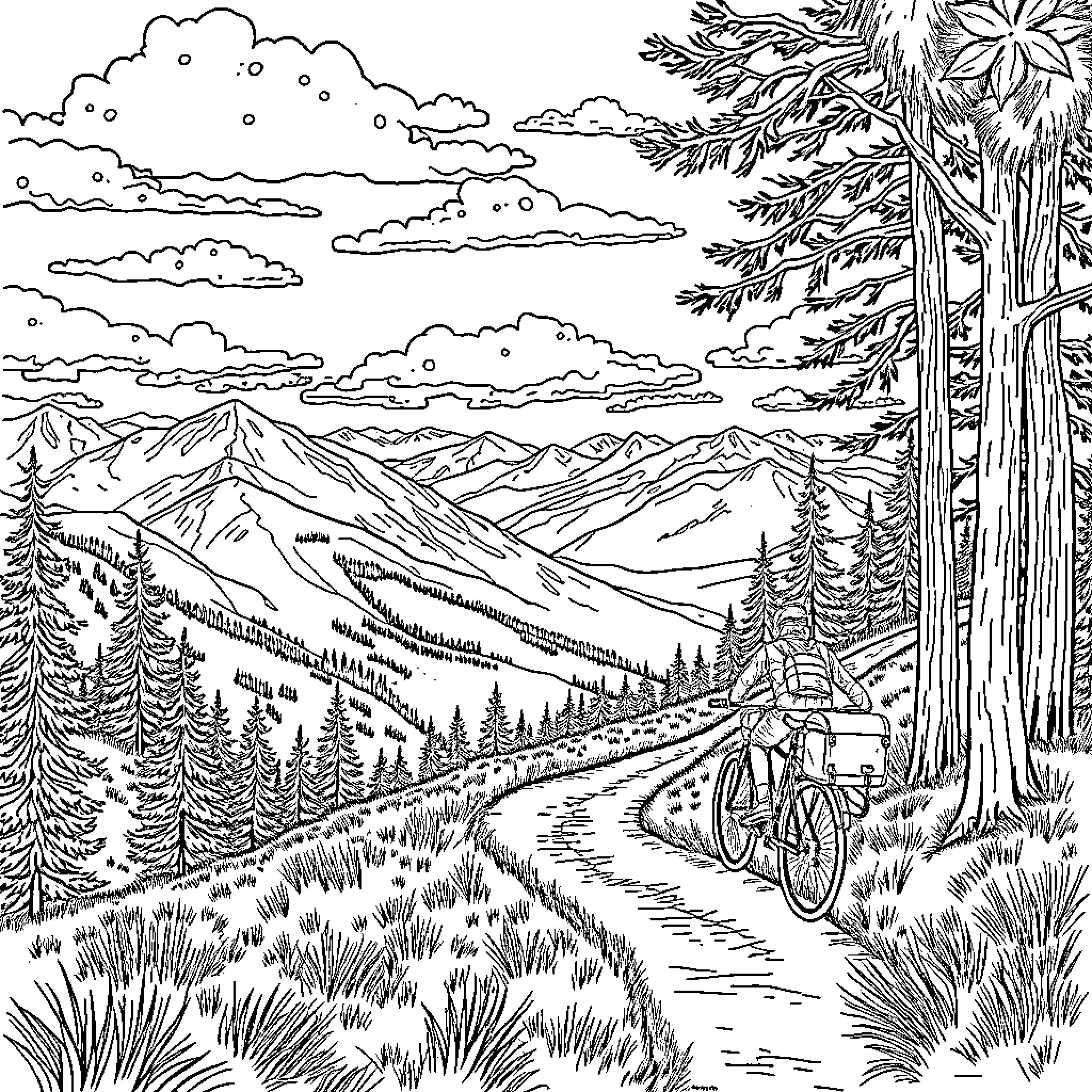 Bike Ride Through Scenic Mountain Landscape Coloring Page (free black-and-white line drawing printable PDF for all, from beginners to advanced learners, including children, teens, adults, and seniors)