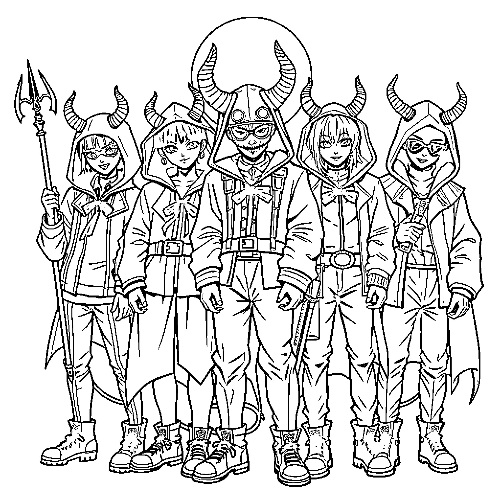 Demon Vigilantes in Formal Outfits Wielding Weapons Coloring Page (free black-and-white line drawing printable PDF for all, from beginners to advanced learners, including children, teens, adults, and seniors)