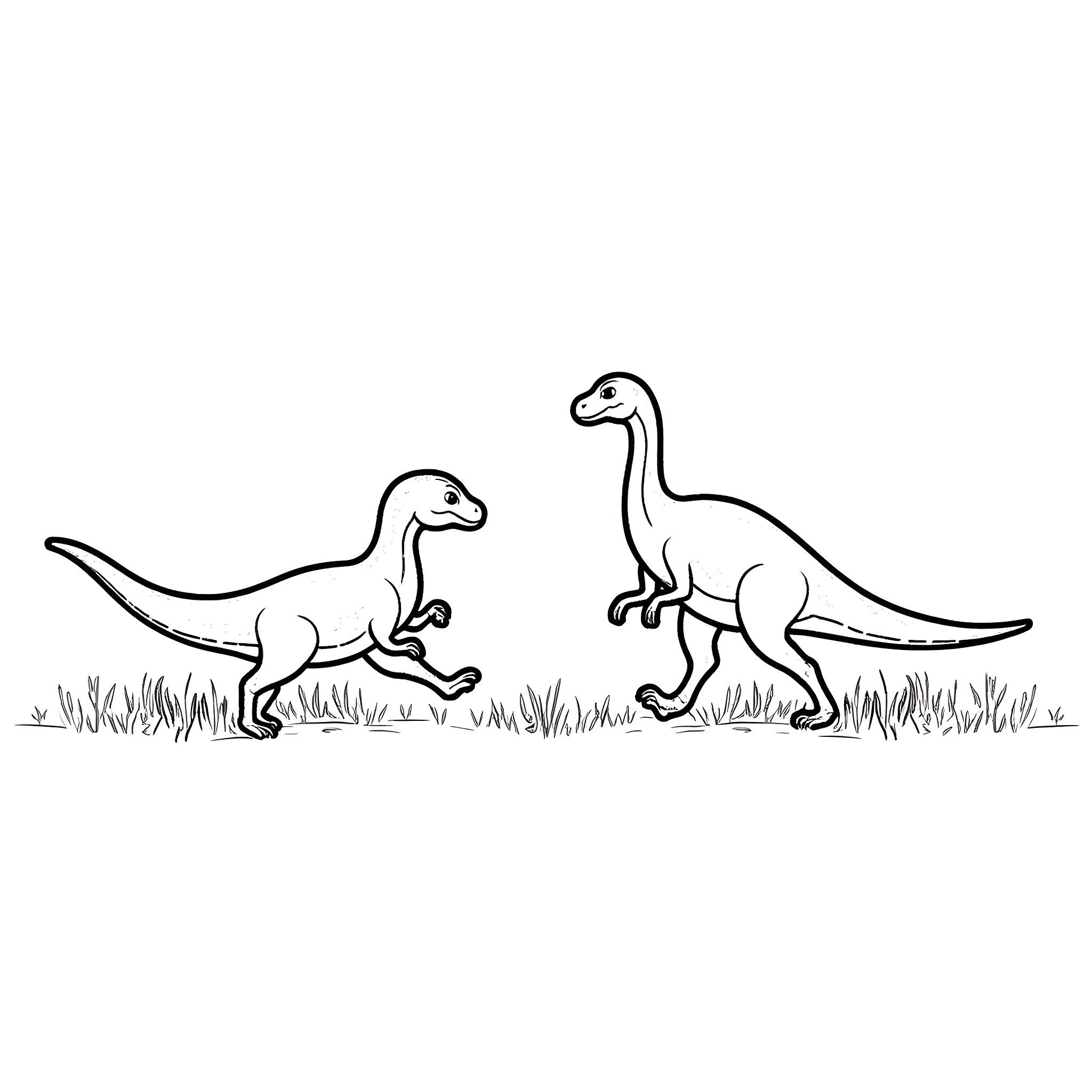 Raptor dinosaurs running in the wild Coloring Page (free black-and-white line drawing printable PDF for all, from beginners to advanced learners, including children, teens, adults, and seniors)