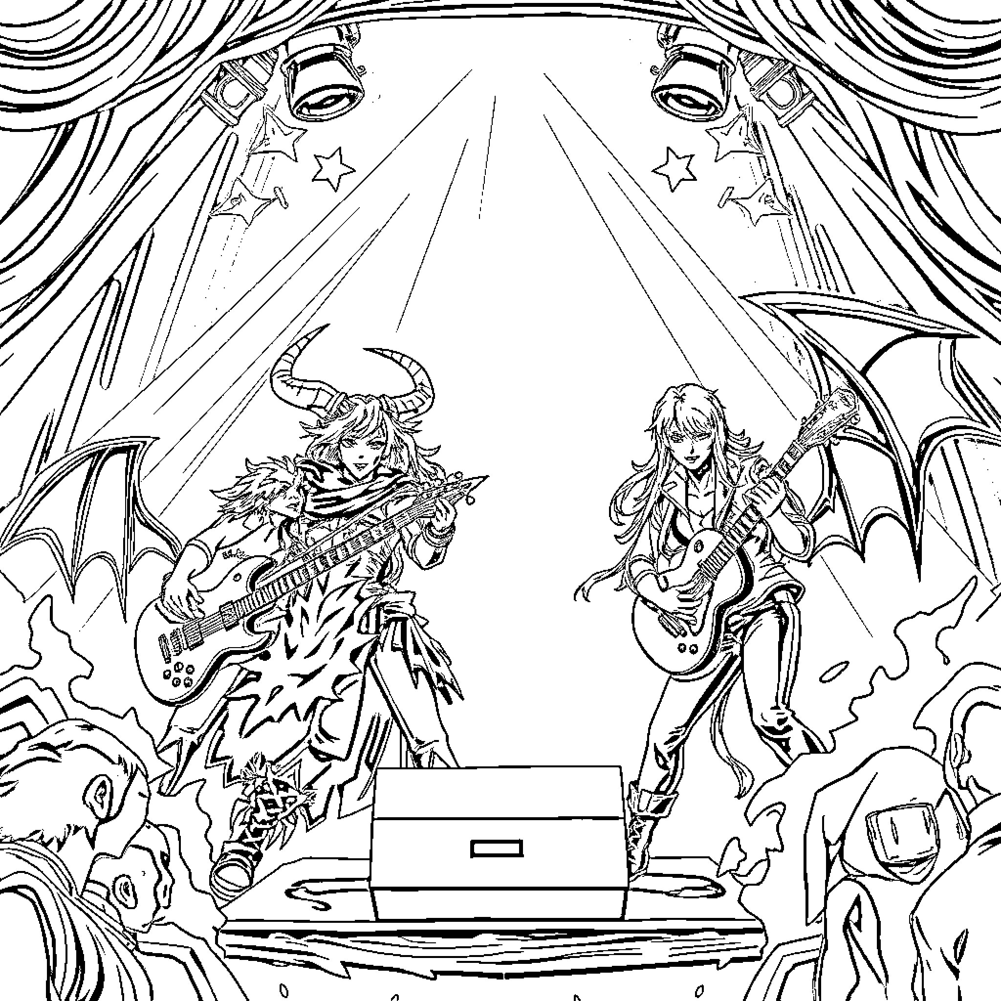 Demon Hunter's Fierce Performance on the Stage Coloring Page (free black-and-white line drawing printable PDF for all, from beginners to advanced learners, including children, teens, adults, and seniors)