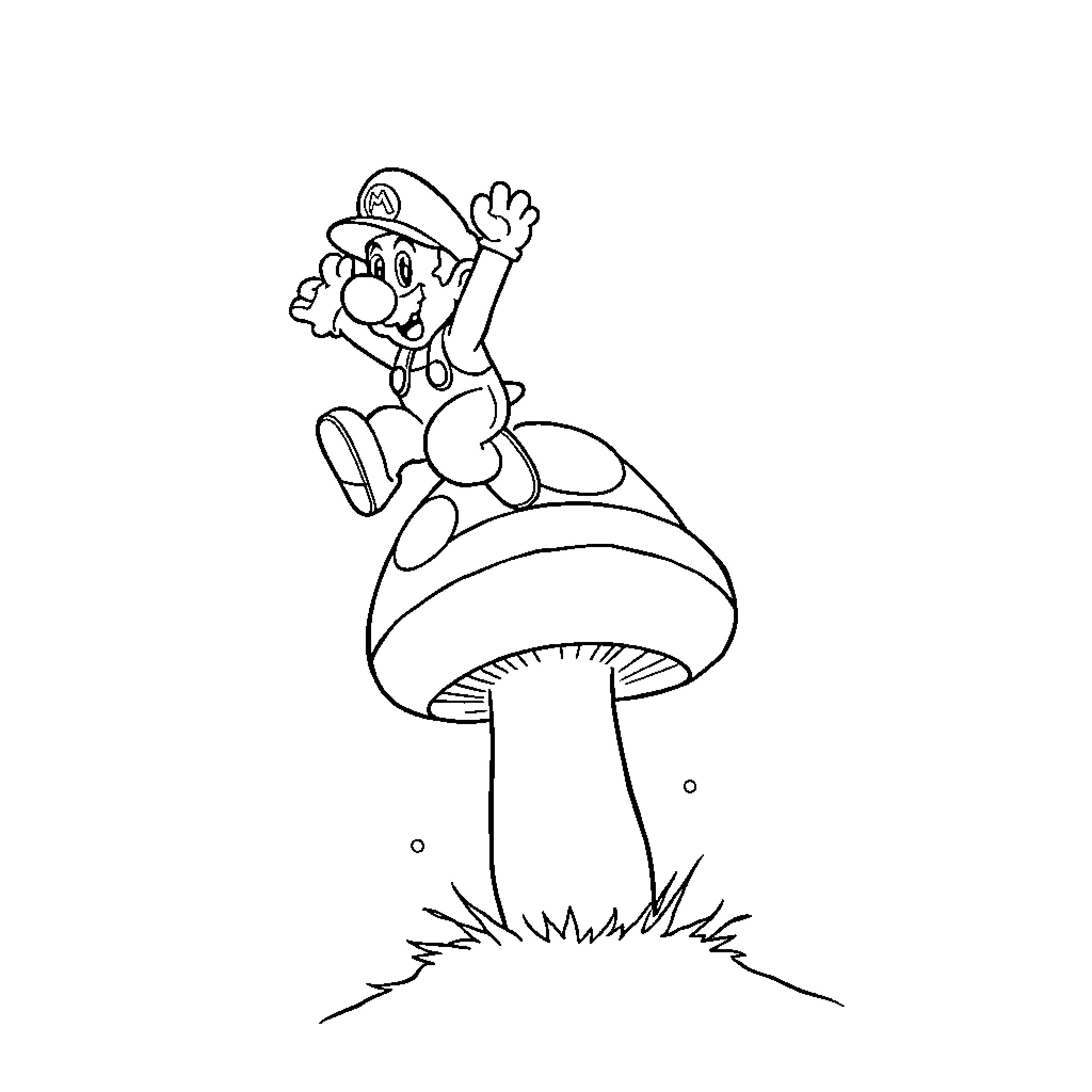 Mario jumping on mushroom with joy Coloring Page (free black-and-white line drawing printable PDF for all, from beginners to advanced learners, including children, teens, adults, and seniors)