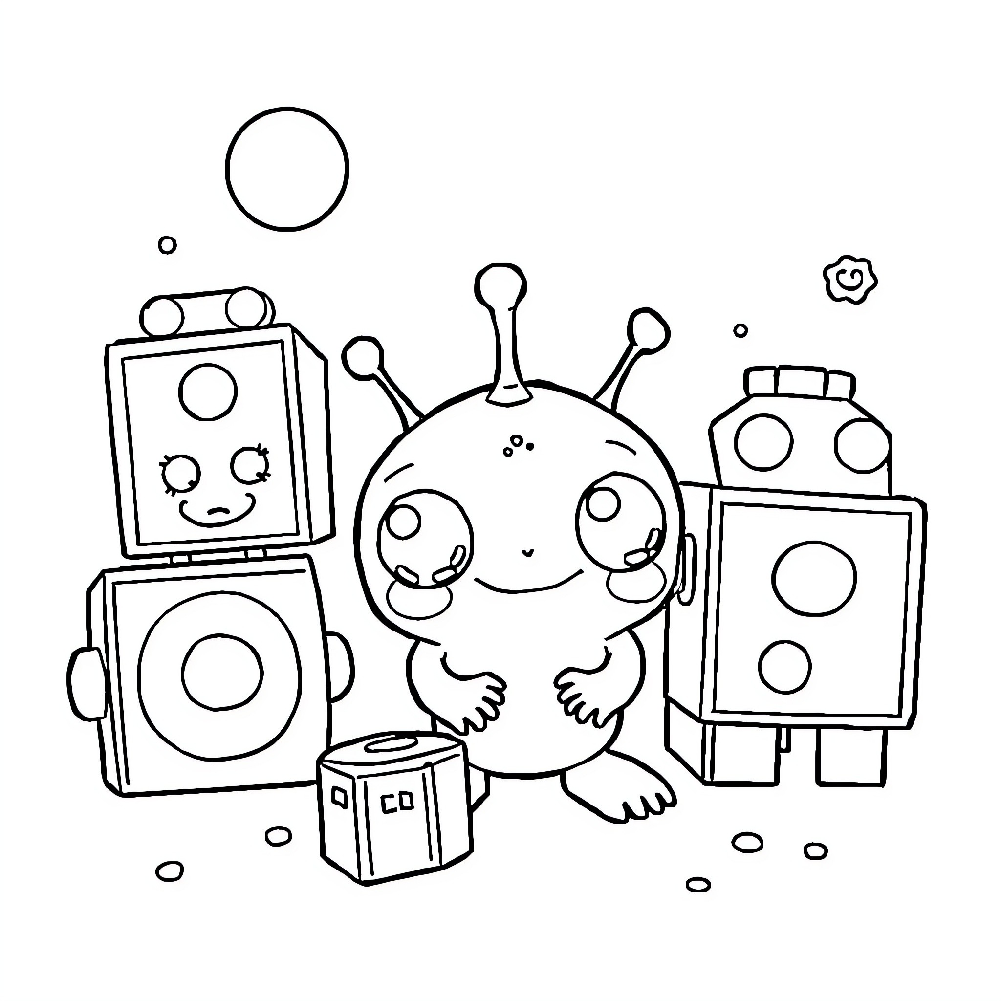 Alien robots playing happily in the space Coloring Page (free black-and-white line drawing printable PDF for all, from beginners to advanced learners, including children, teens, adults, and seniors)
