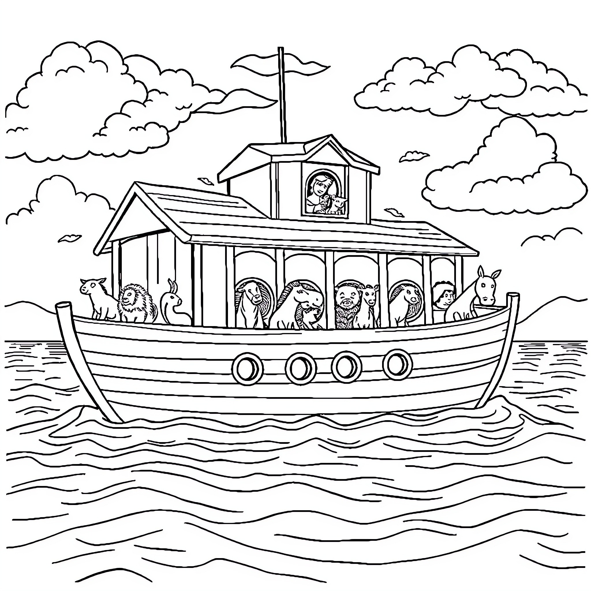 Noah's Ark with Animals Sailing on the Sea Coloring Page (free black-and-white line drawing printable PDF for all, from beginners to advanced learners, including children, teens, adults, and seniors)