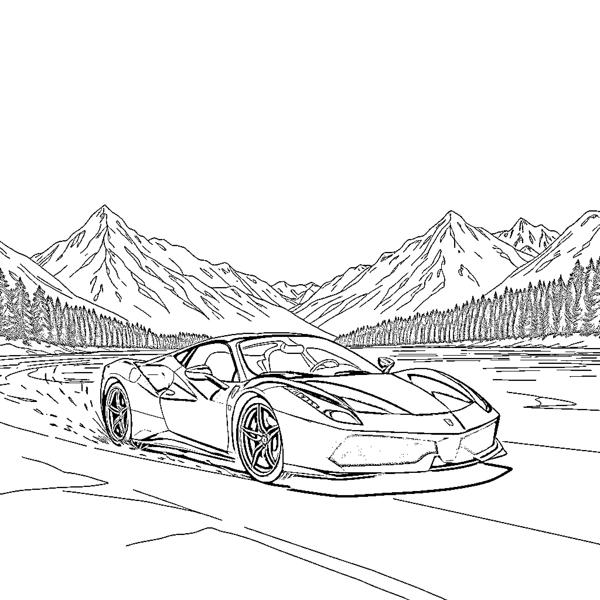 Ferrari sports car racing through scenic mountain landscape Coloring Page (free black-and-white line drawing printable PDF for all, from beginners to advanced learners, including children, teens, adults, and seniors)