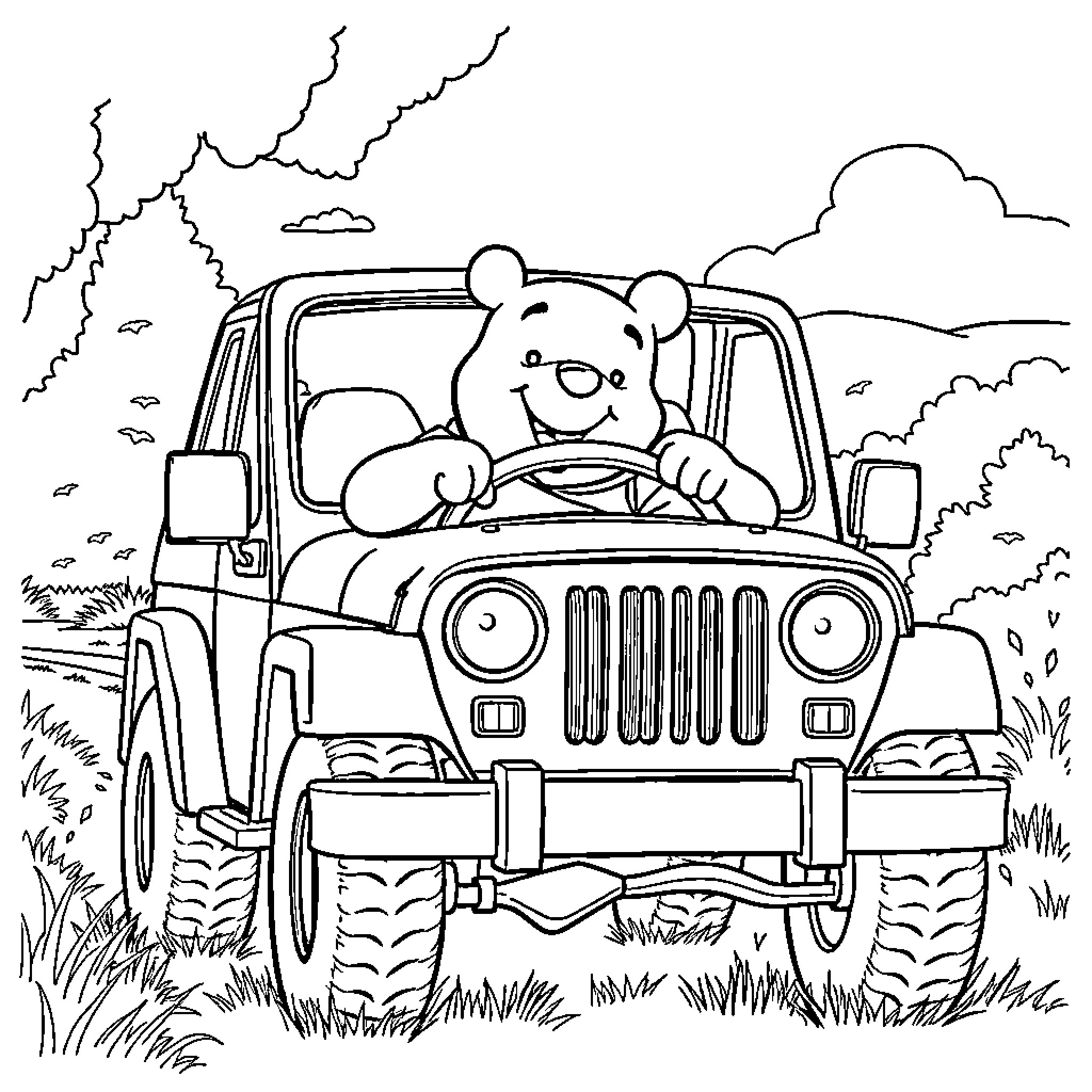 Winnie The Pooh driving a jeep in the countryside Coloring Page (free black-and-white line drawing printable PDF for all, from beginners to advanced learners, including children, teens, adults, and seniors)