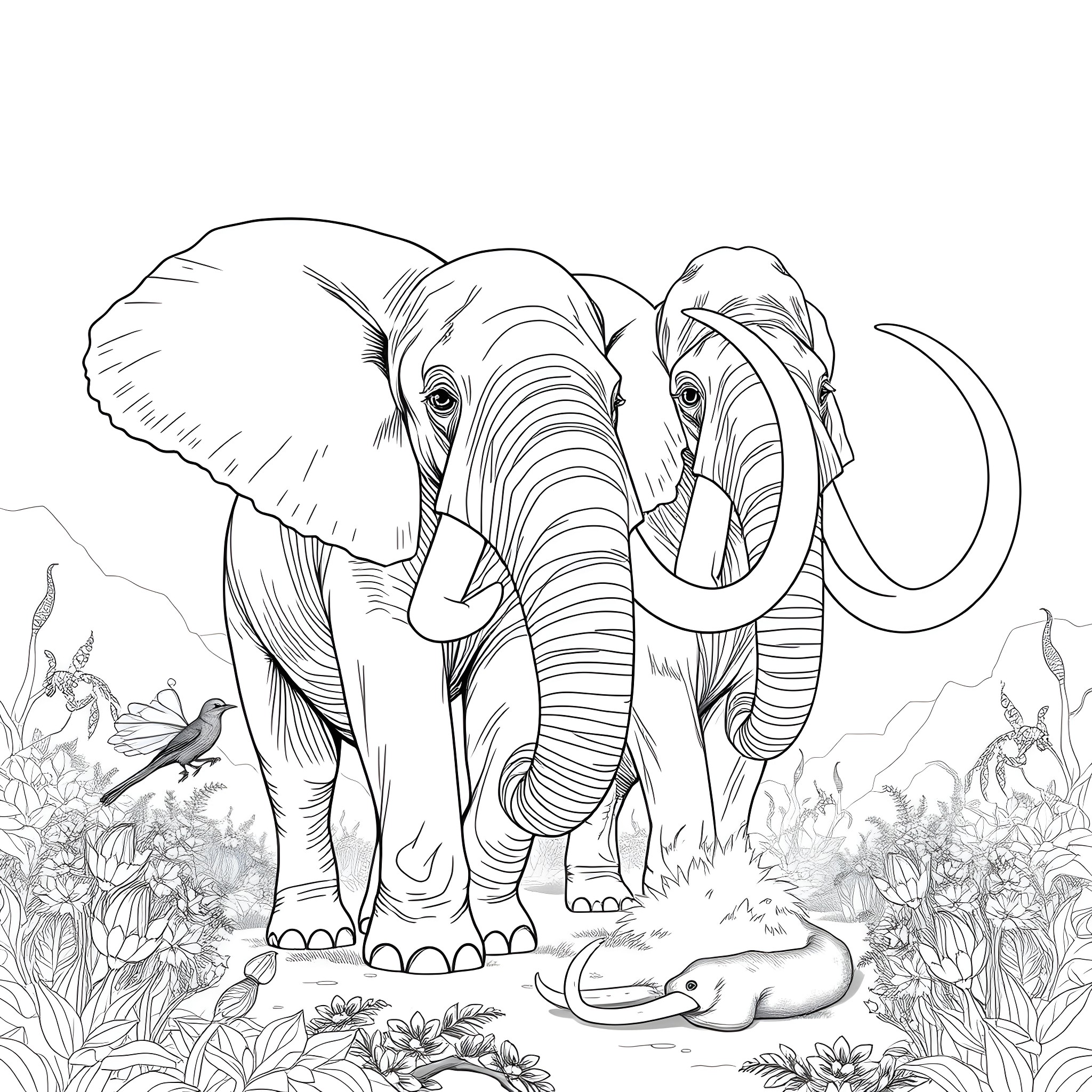 Elephants exploring in the wild nature Coloring Page (free black-and-white line drawing printable PDF for all, from beginners to advanced learners, including children, teens, adults, and seniors)