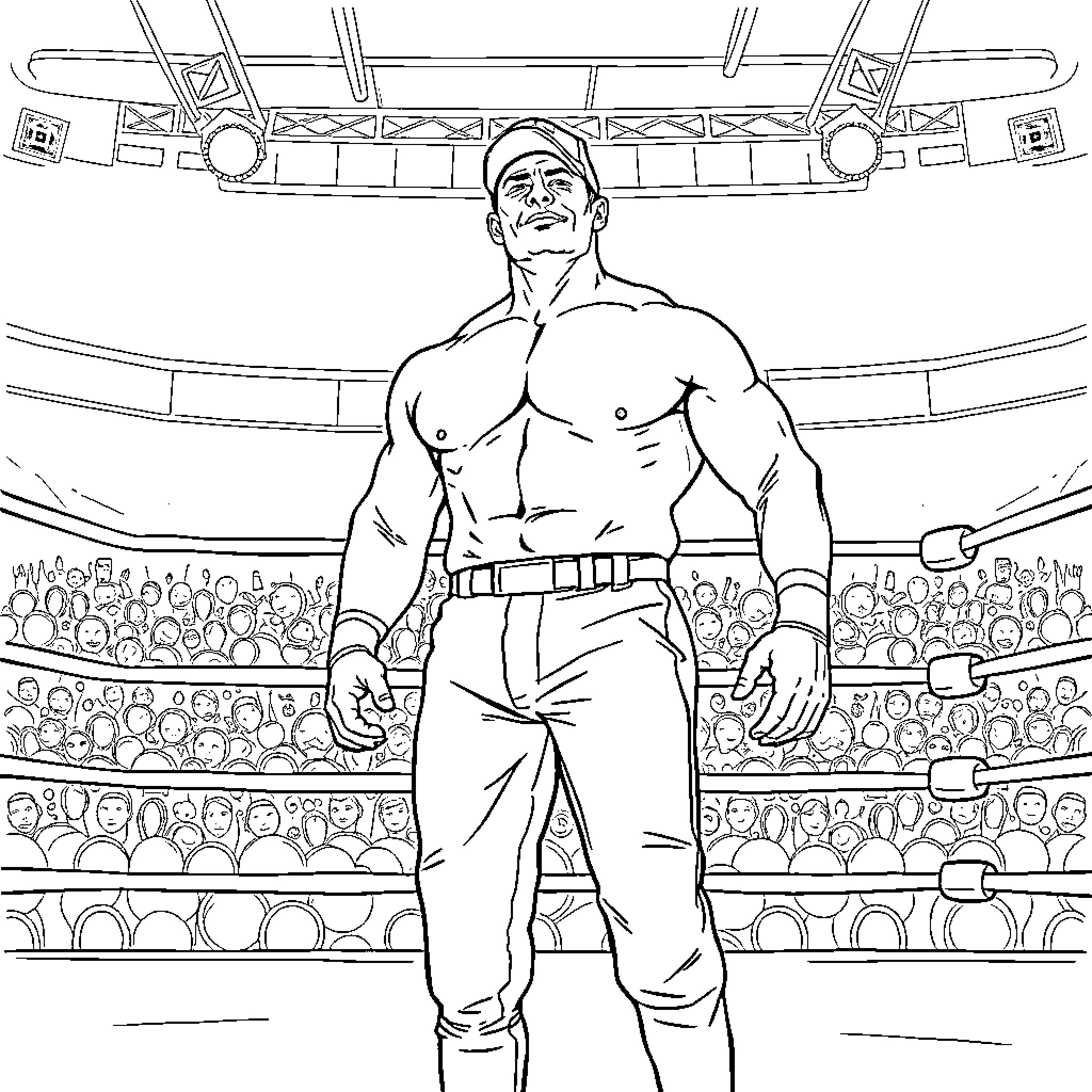 John Cena Standing Tall in the Wrestling Ring Coloring Page (free black-and-white line drawing printable PDF for all, from beginners to advanced learners, including children, teens, adults, and seniors)