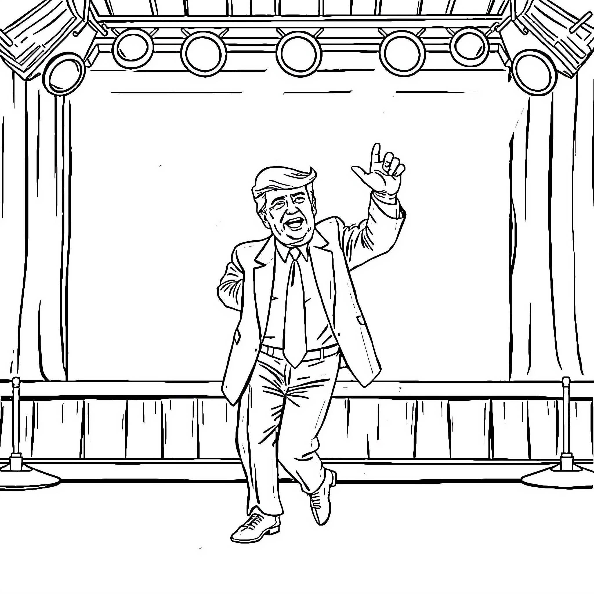 Trump waving to supporters on stage Coloring Page (free black-and-white line drawing printable PDF for all, from beginners to advanced learners, including children, teens, adults, and seniors)