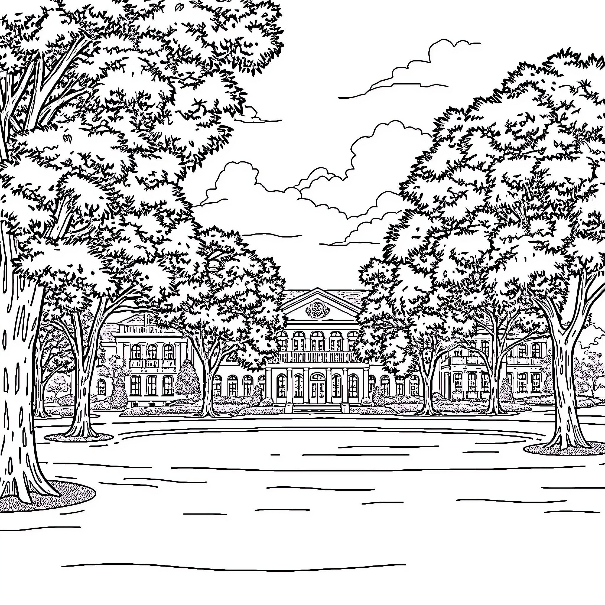 Country Club Grounds with Classical Buildings Coloring Page (free black-and-white line drawing printable PDF for all, from beginners to advanced learners, including children, teens, adults, and seniors)