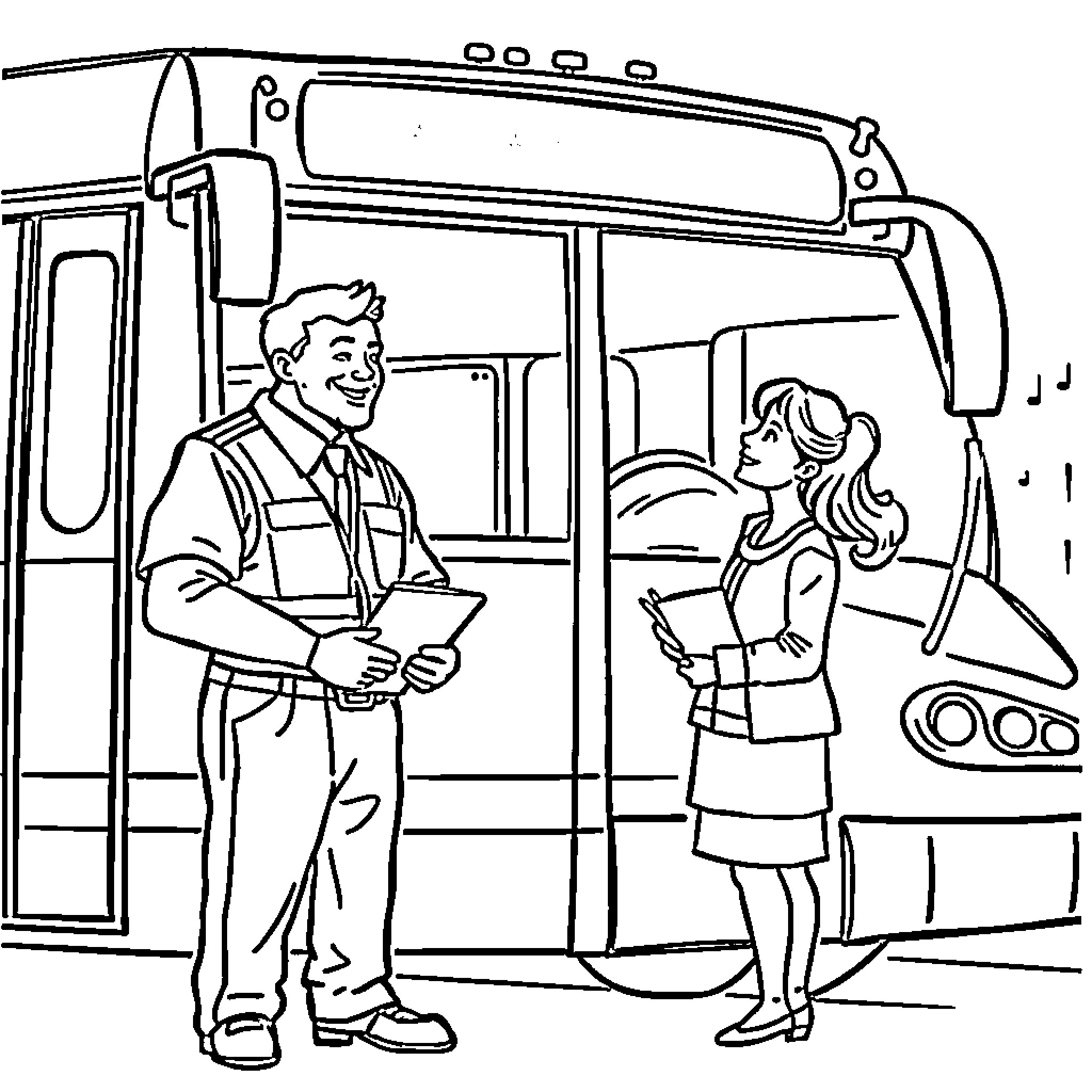 Bus passengers in conversation Coloring Page (free black-and-white line drawing printable PDF for all, from beginners to advanced learners, including children, teens, adults, and seniors)