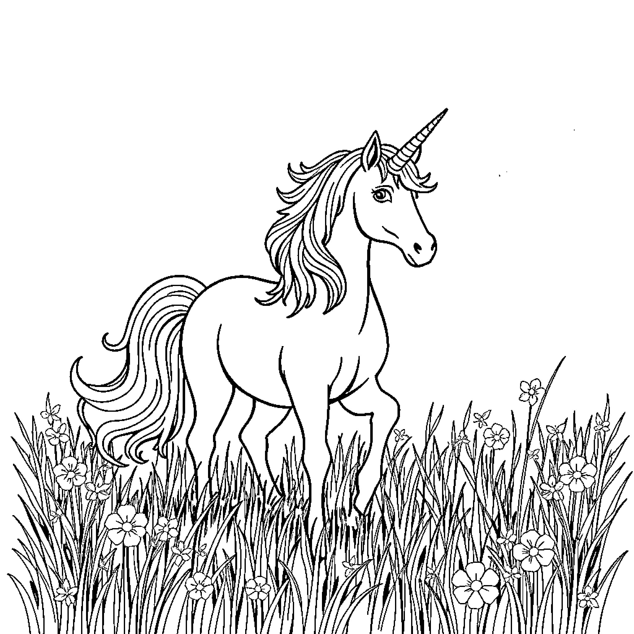 Unicorn standing gracefully in a floral meadow Coloring Page (free black-and-white line drawing printable PDF for all, from beginners to advanced learners, including children, teens, adults, and seniors)