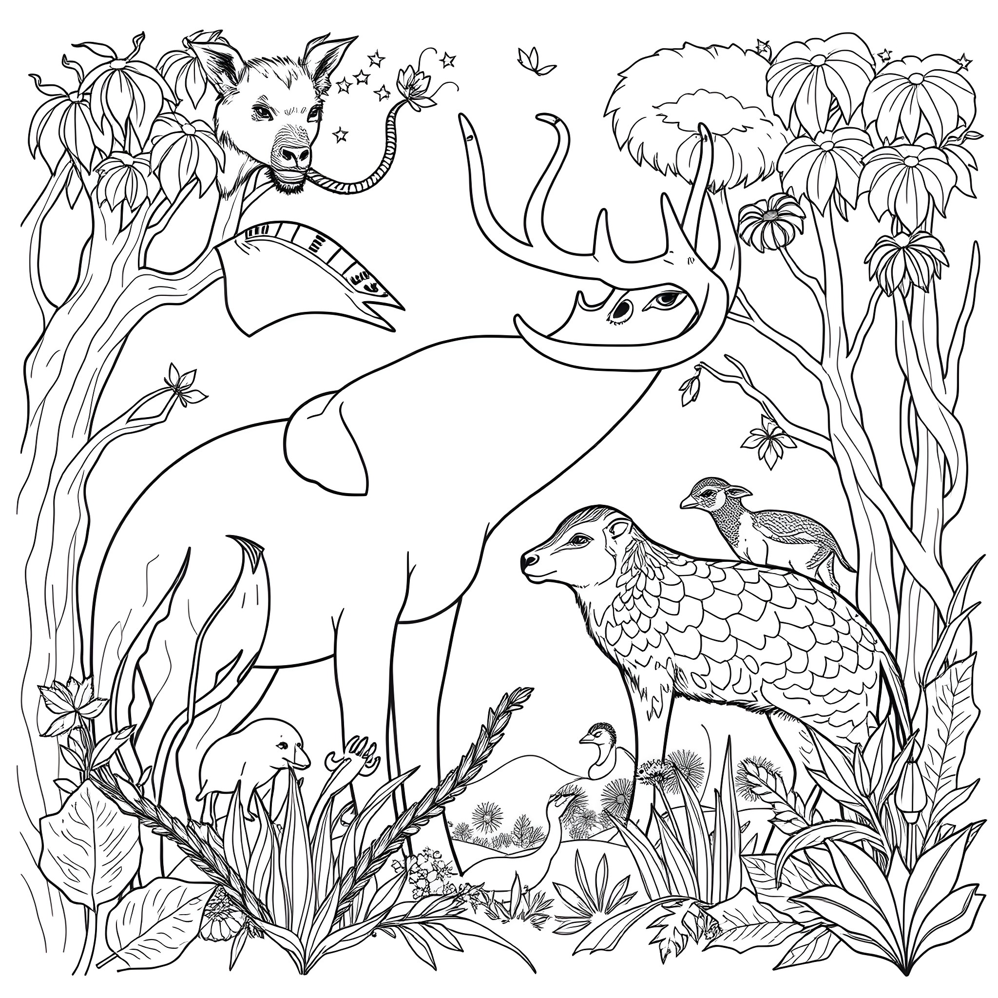 Animal friends in the enchanted jungle Coloring Page (free black-and-white line drawing printable PDF for all, from beginners to advanced learners, including children, teens, adults, and seniors)