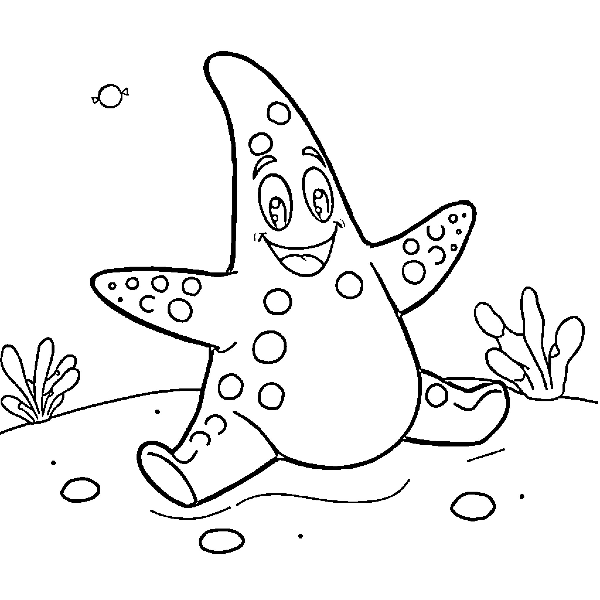 Patrick the Friendly Starfish Exploration Coloring Page (free black-and-white line drawing printable PDF for all, from beginners to advanced learners, including children, teens, adults, and seniors)