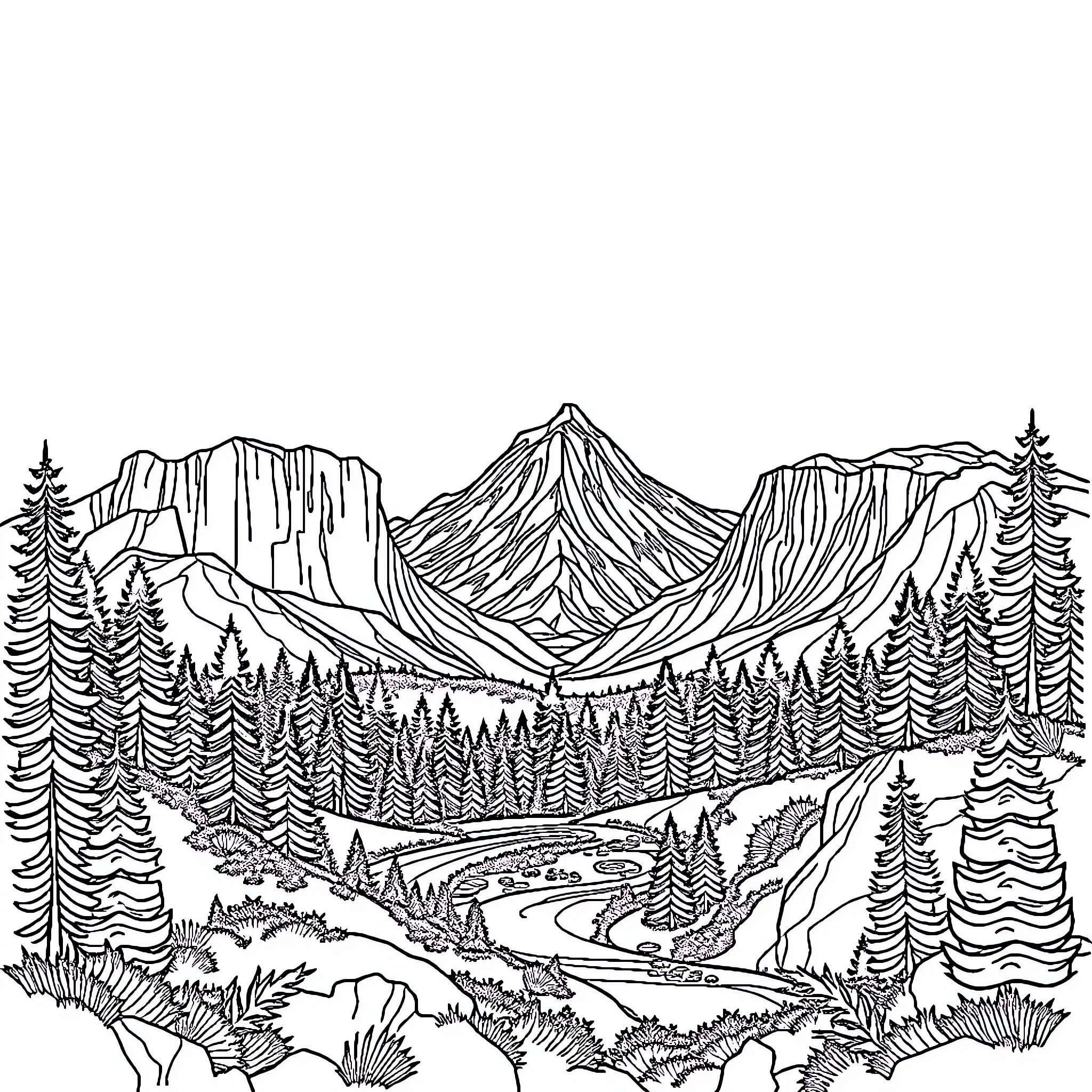National Park with Majestic Mountains and Lush Forests Coloring Page (free black-and-white line drawing printable PDF for all, from beginners to advanced learners, including children, teens, adults, and seniors)