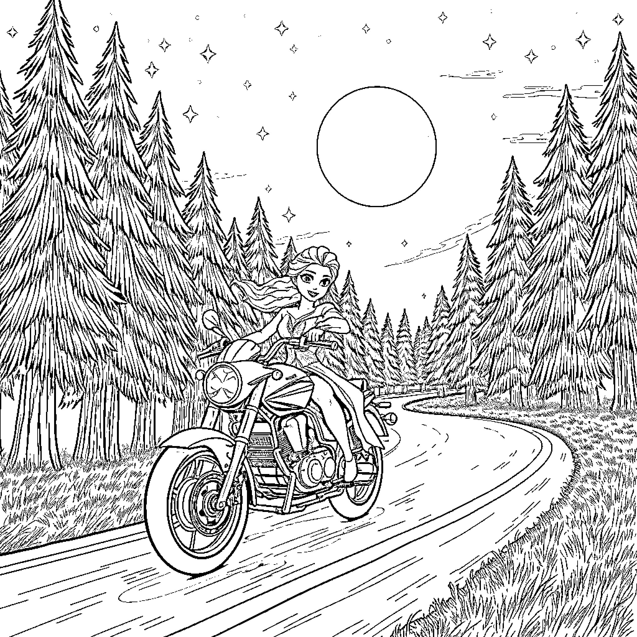 Elsa's Magical Motorcycle Adventure in the Enchanted Forest Coloring Page (free black-and-white line drawing printable PDF for all, from beginners to advanced learners, including children, teens, adults, and seniors)