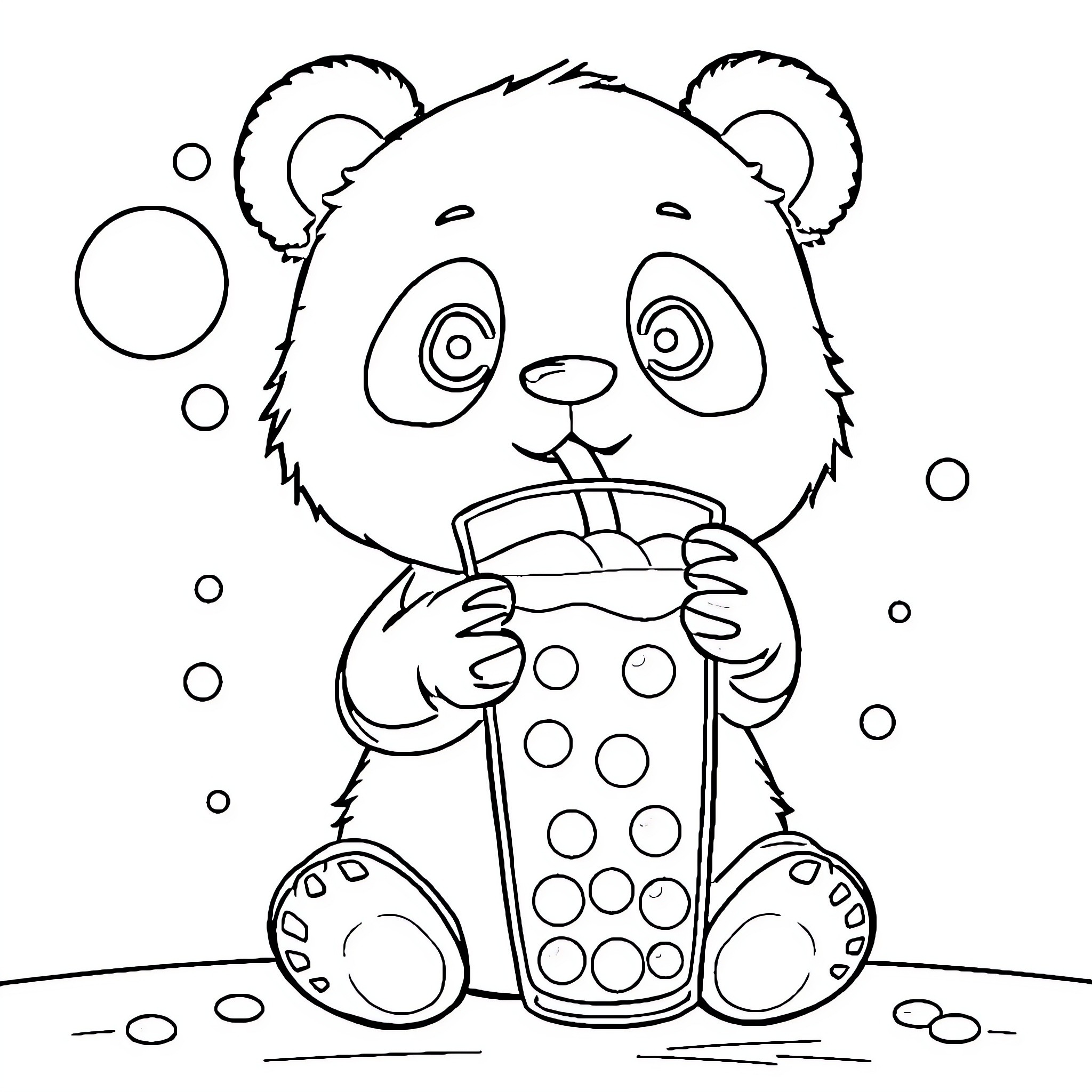 Panda enjoying a colorful drink Coloring Page (free black-and-white line drawing printable PDF for all, from beginners to advanced learners, including children, teens, adults, and seniors)