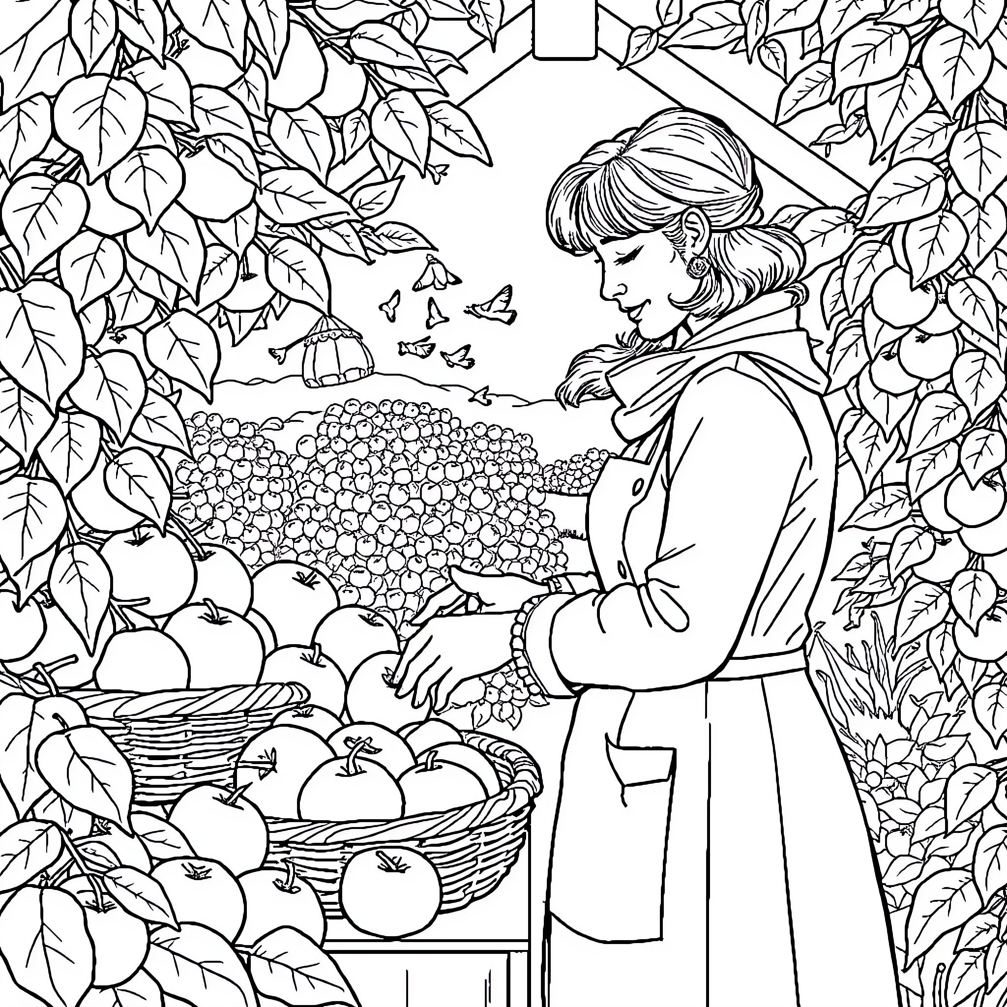 Regina Mills in a Whimsical Garden Scene Coloring Page (free black-and-white line drawing printable PDF for all, from beginners to advanced learners, including children, teens, adults, and seniors)