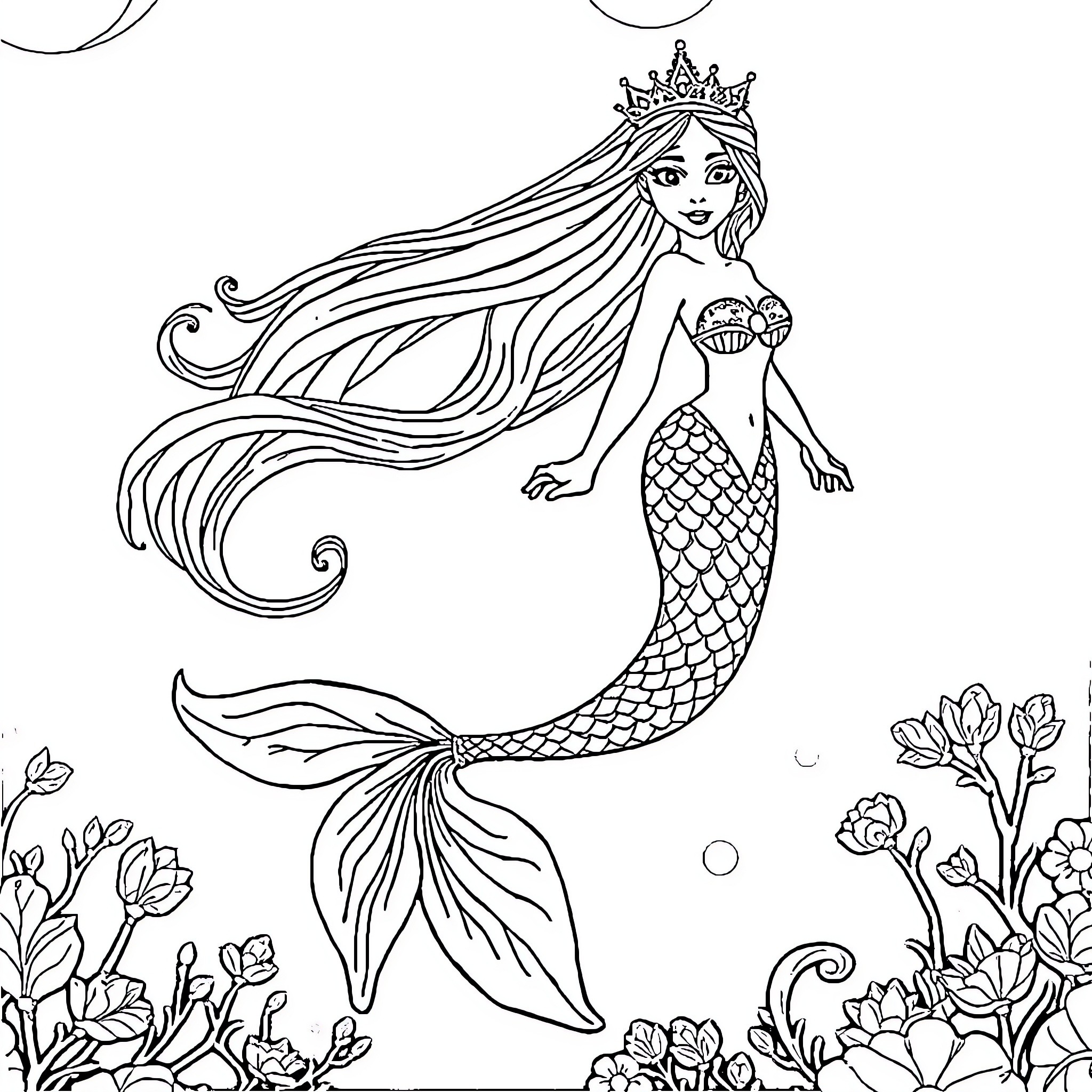 Mermaid princess swimming in the underwater garden Coloring Page (free black-and-white line drawing printable PDF for all, from beginners to advanced learners, including children, teens, adults, and seniors)