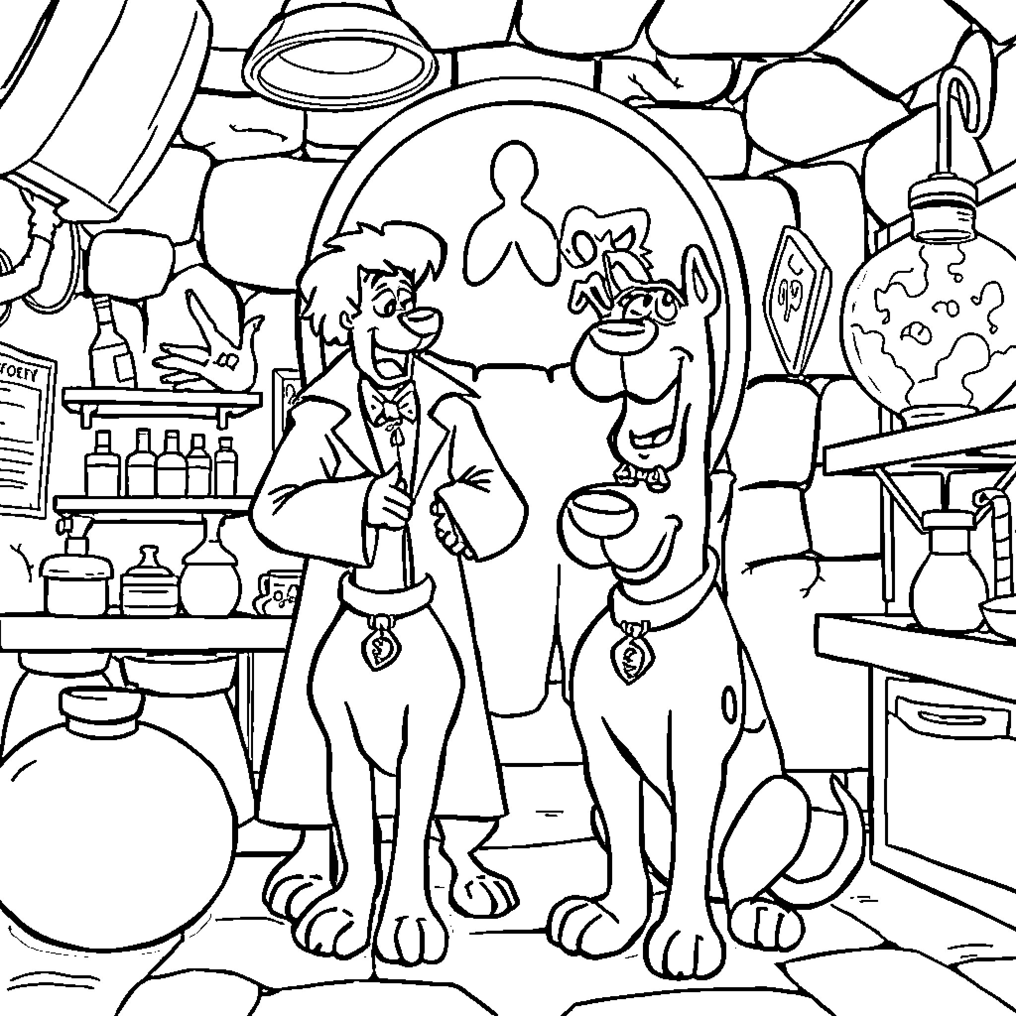 Scooby Doo and Friends in Mystery Lab Coloring Page (free black-and-white line drawing printable PDF for all, from beginners to advanced learners, including children, teens, adults, and seniors)