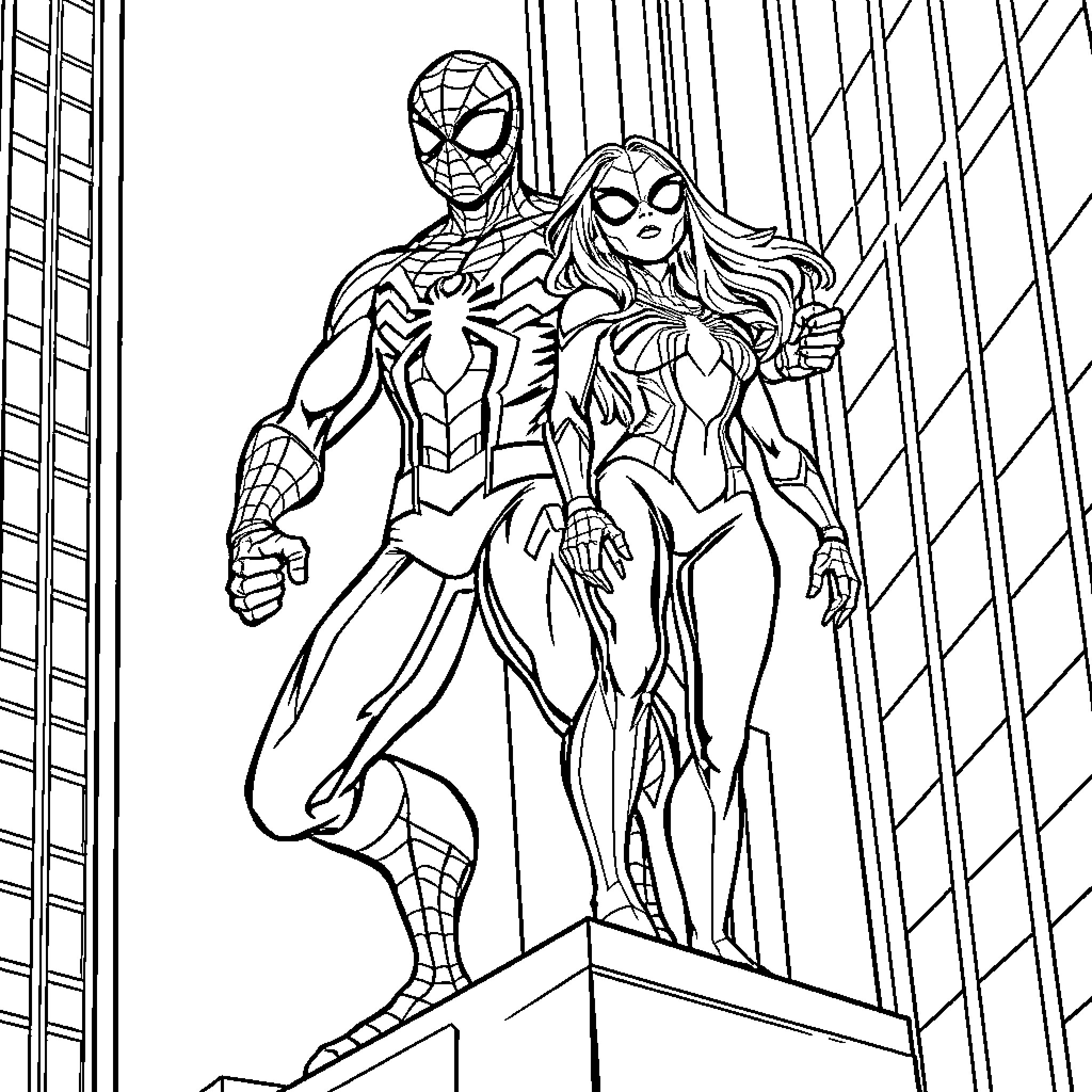 Spider hero duo in action pose Coloring Page (free black-and-white line drawing printable PDF for all, from beginners to advanced learners, including children, teens, adults, and seniors)