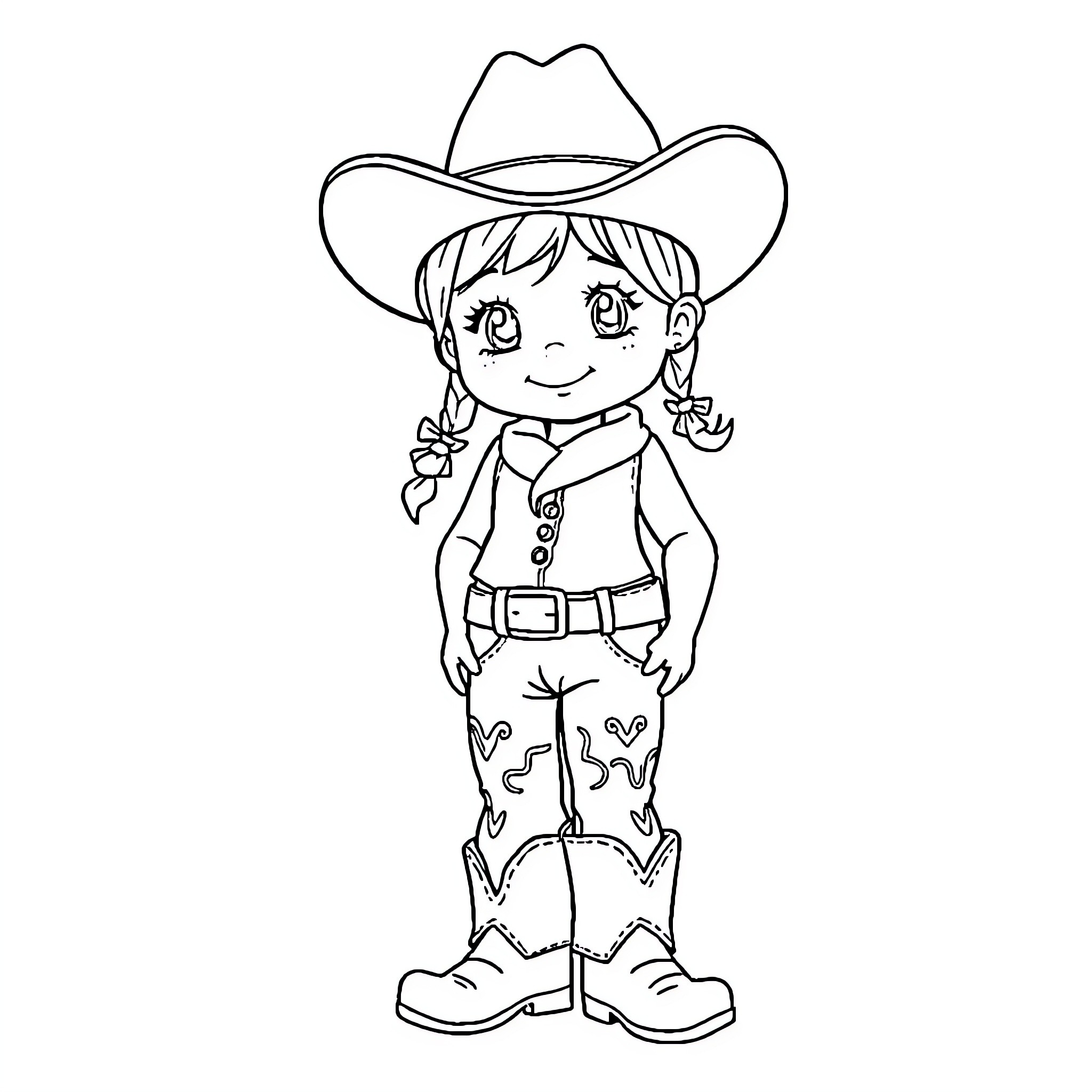 Cowgirl in Cheerful Pose with Cowboy Outfit Coloring Page (free black-and-white line drawing printable PDF for all, from beginners to advanced learners, including children, teens, adults, and seniors)