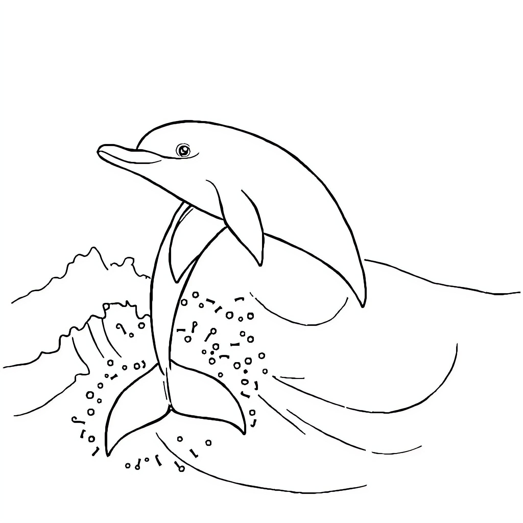 Dolphin swimming through ocean waves Coloring Page (free black-and-white line drawing printable PDF for all, from beginners to advanced learners, including children, teens, adults, and seniors)
