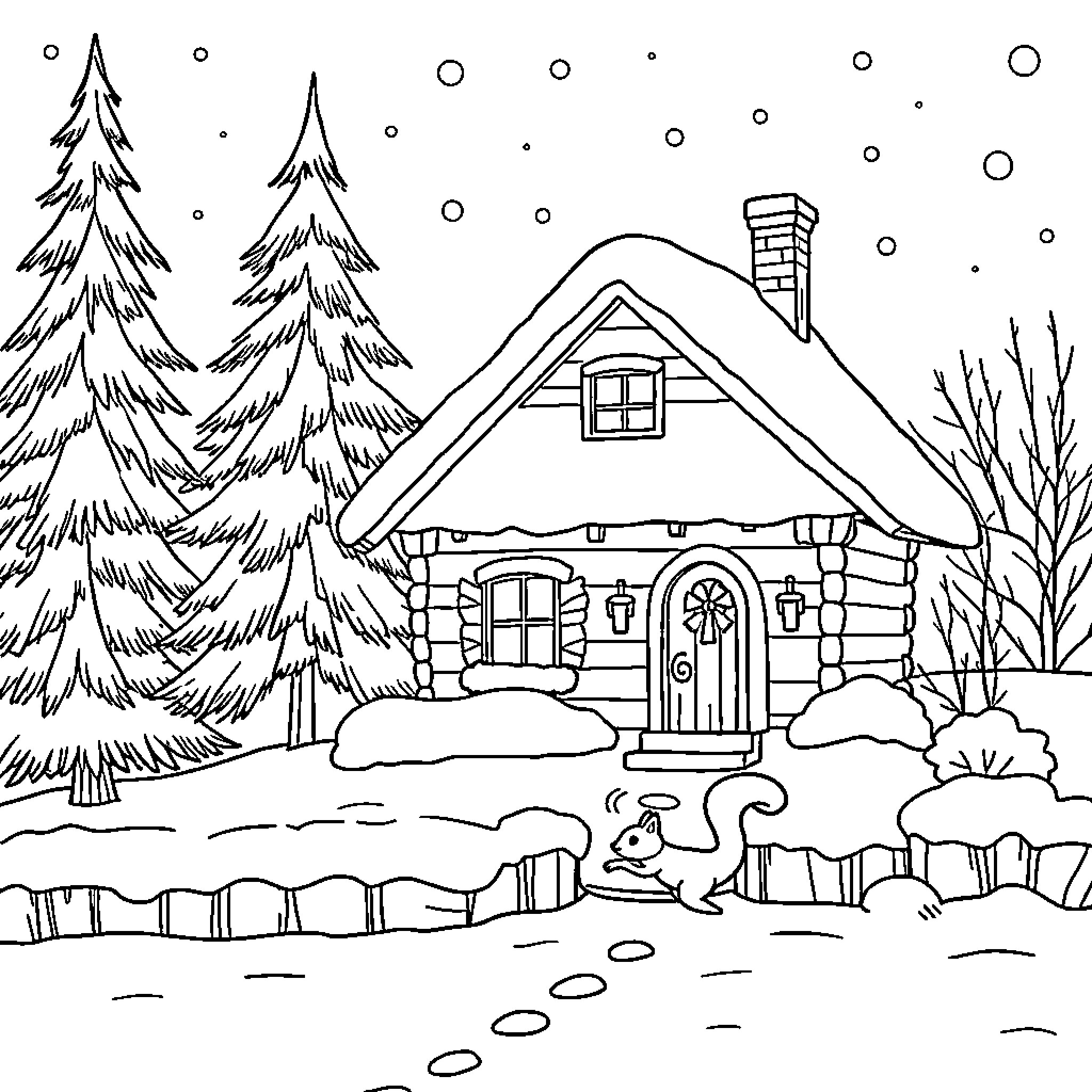 House in Snowy Winter Forest Scene Coloring Page (free black-and-white line drawing printable PDF for all, from beginners to advanced learners, including children, teens, adults, and seniors)