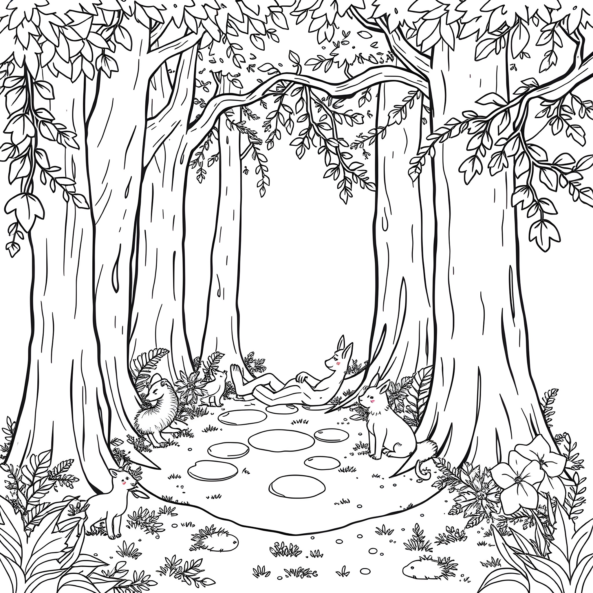Wood Creatures Relaxing in the Forest Sanctuary Coloring Page (free black-and-white line drawing printable PDF for all, from beginners to advanced learners, including children, teens, adults, and seniors)