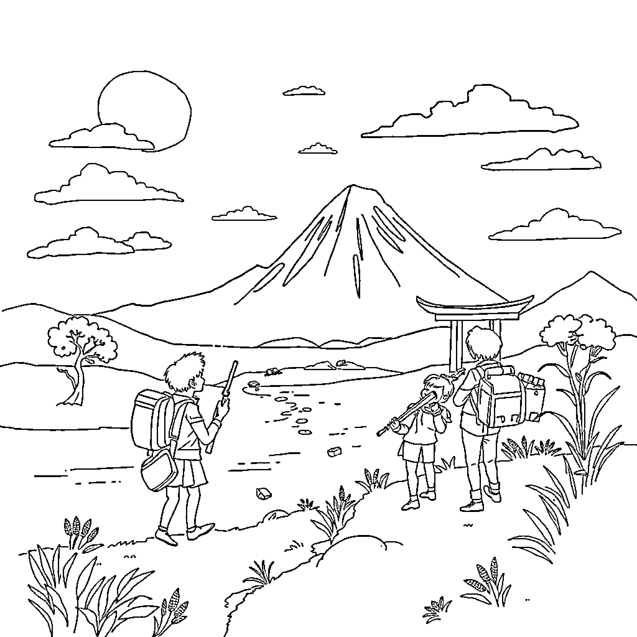 Explorer hikers trekking toward a distant mountain peak Coloring Page (free black-and-white line drawing printable PDF for all, from beginners to advanced learners, including children, teens, adults, and seniors)