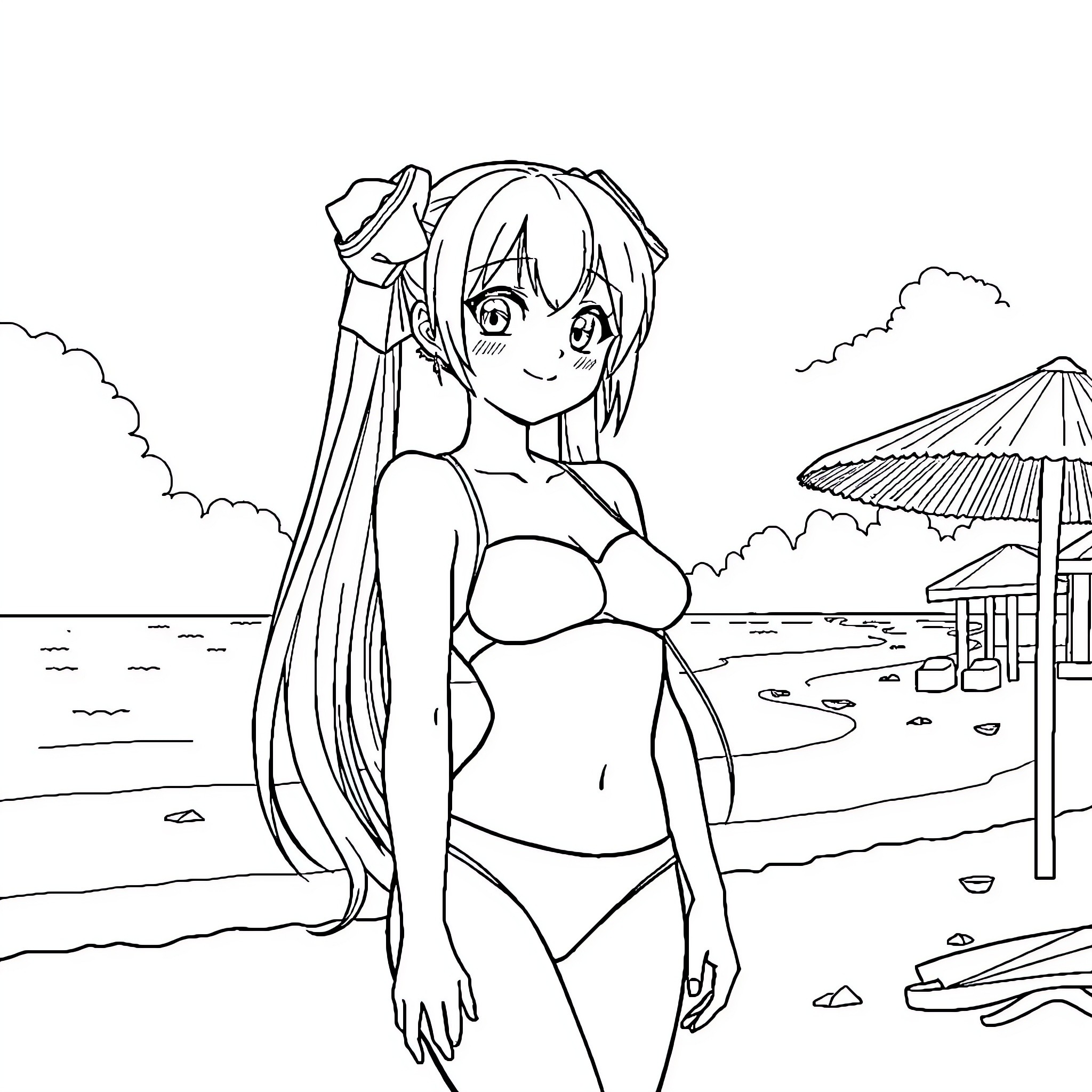 Miku enjoying a sunny day at the beach Coloring Page (free black-and-white line drawing printable PDF for all, from beginners to advanced learners, including children, teens, adults, and seniors)