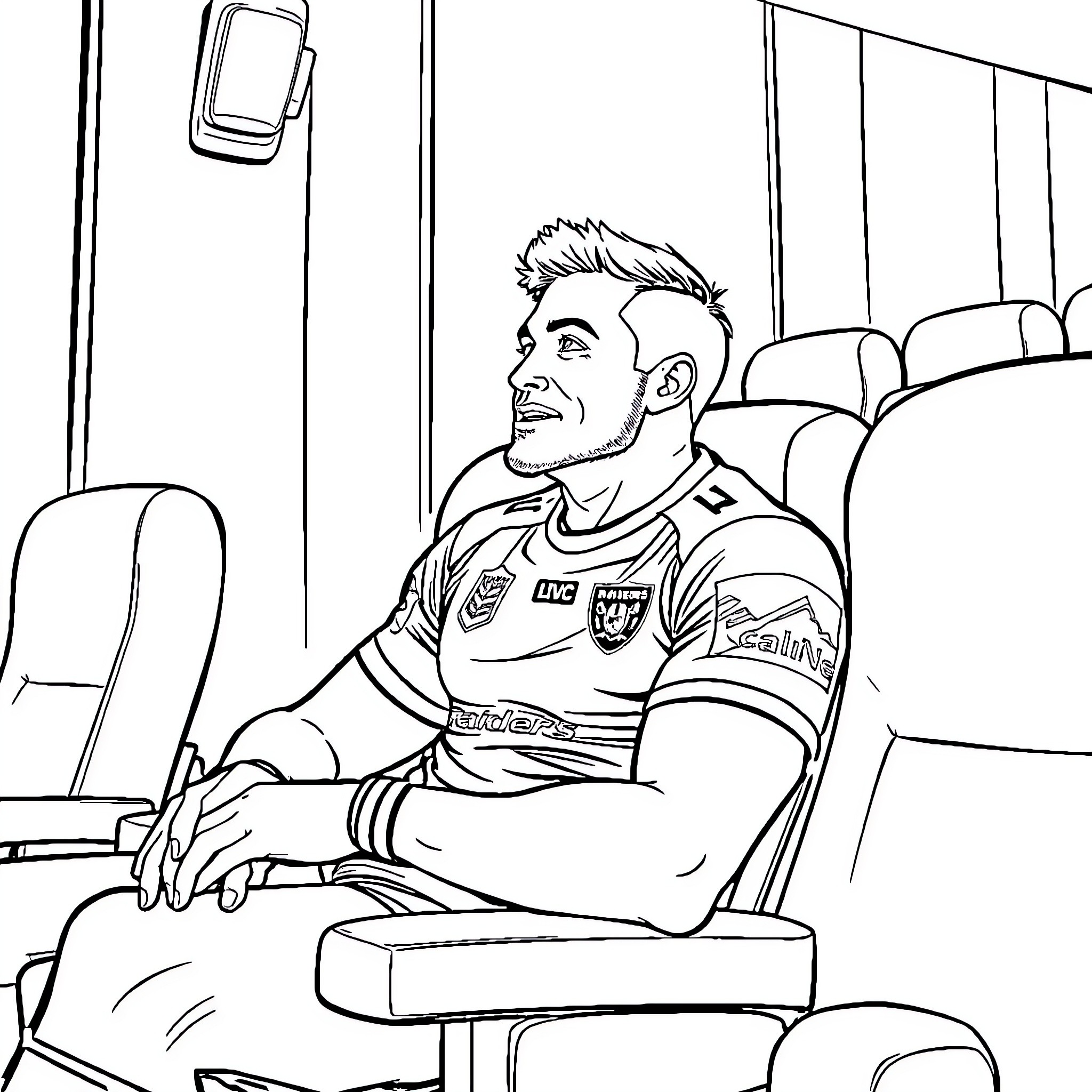 Canberra Raiders Player Riding on a Bus Coloring Page (free black-and-white line drawing printable PDF for all, from beginners to advanced learners, including children, teens, adults, and seniors)